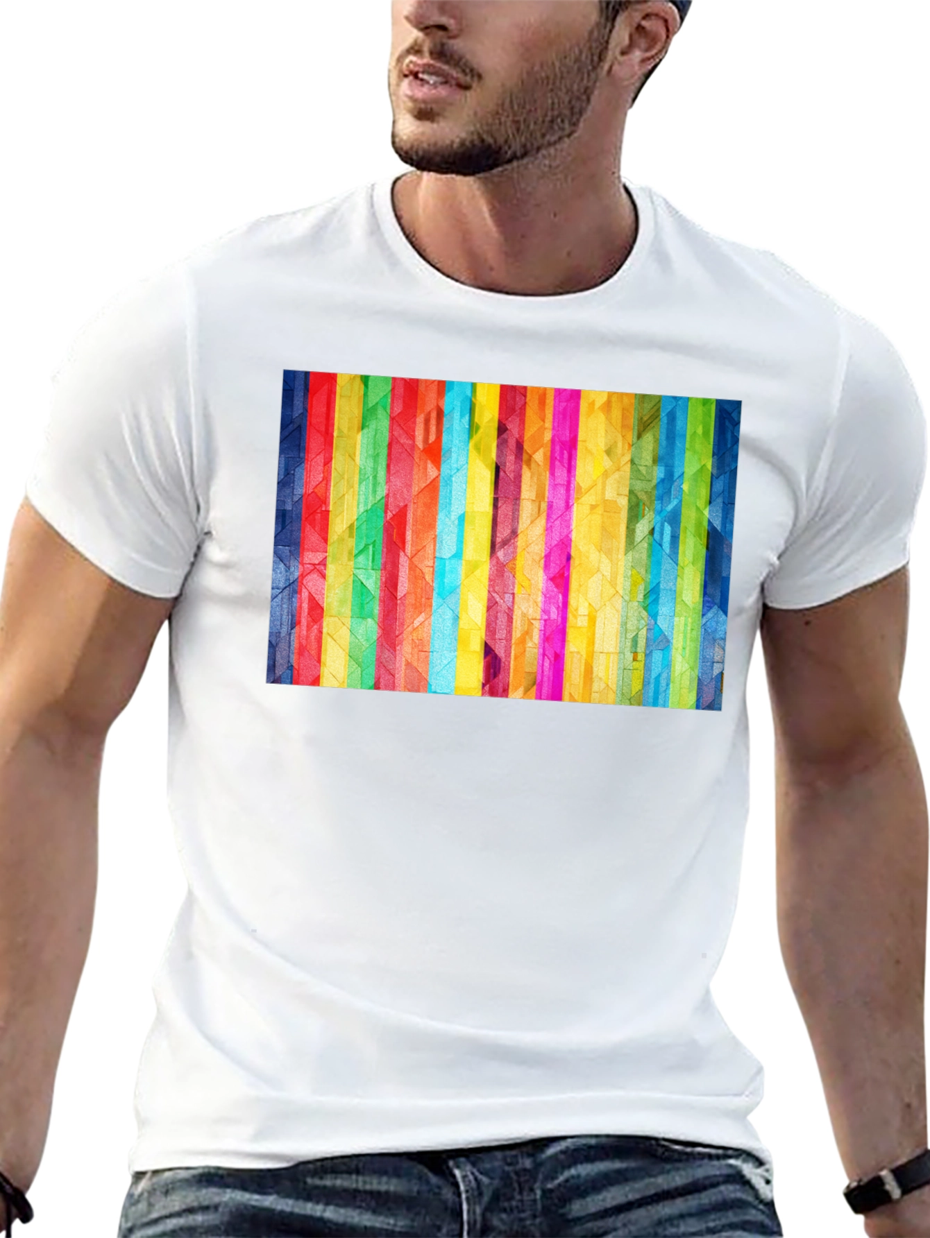 Black Geometric Rainbow Stripe Graphic Tee view 13