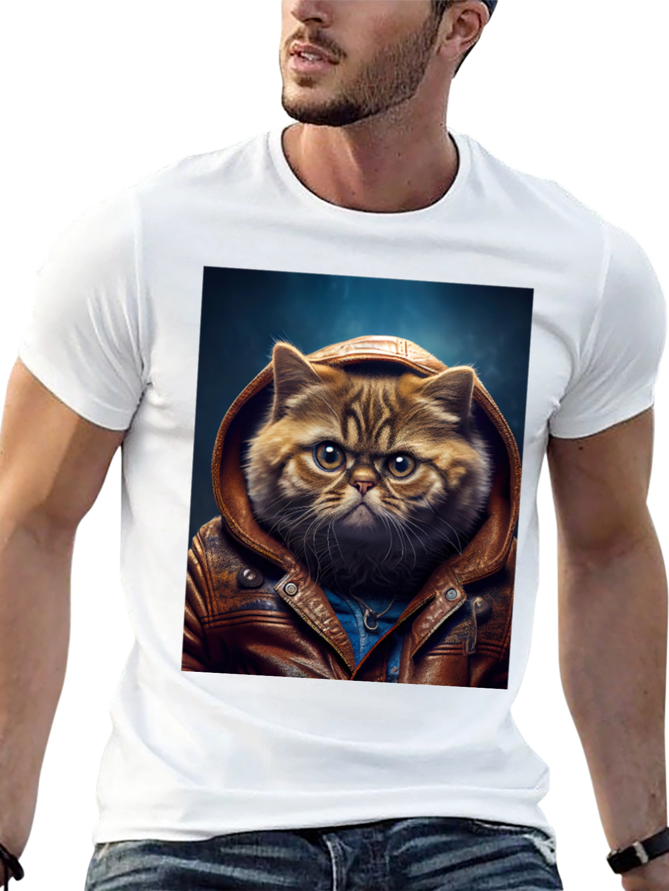 Black Cat in Leather Jacket Graphic T-Shirt view 13