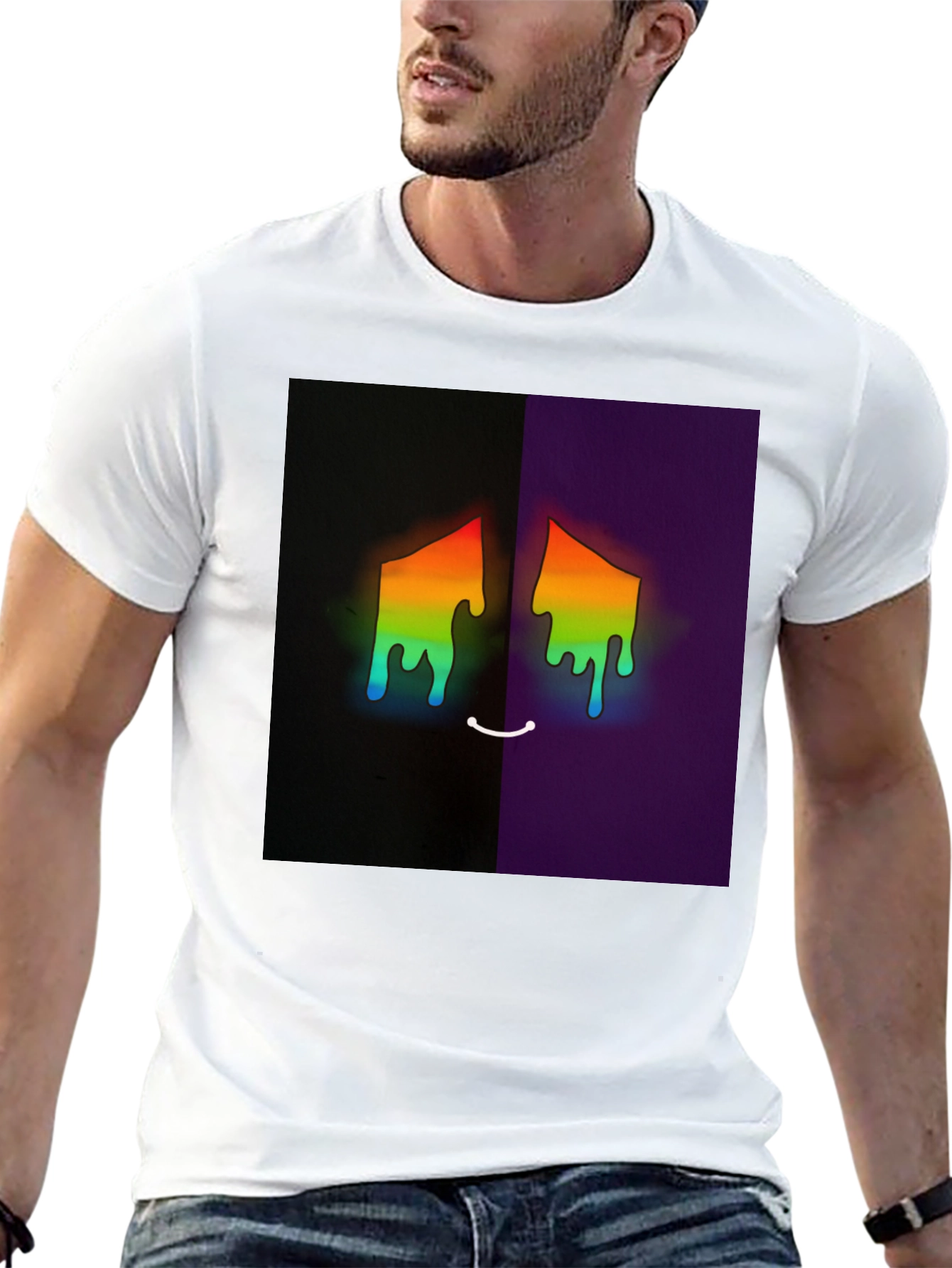 Black Rainbow Drip Face Graphic Tee - Unisex Black T-Shirt view 13