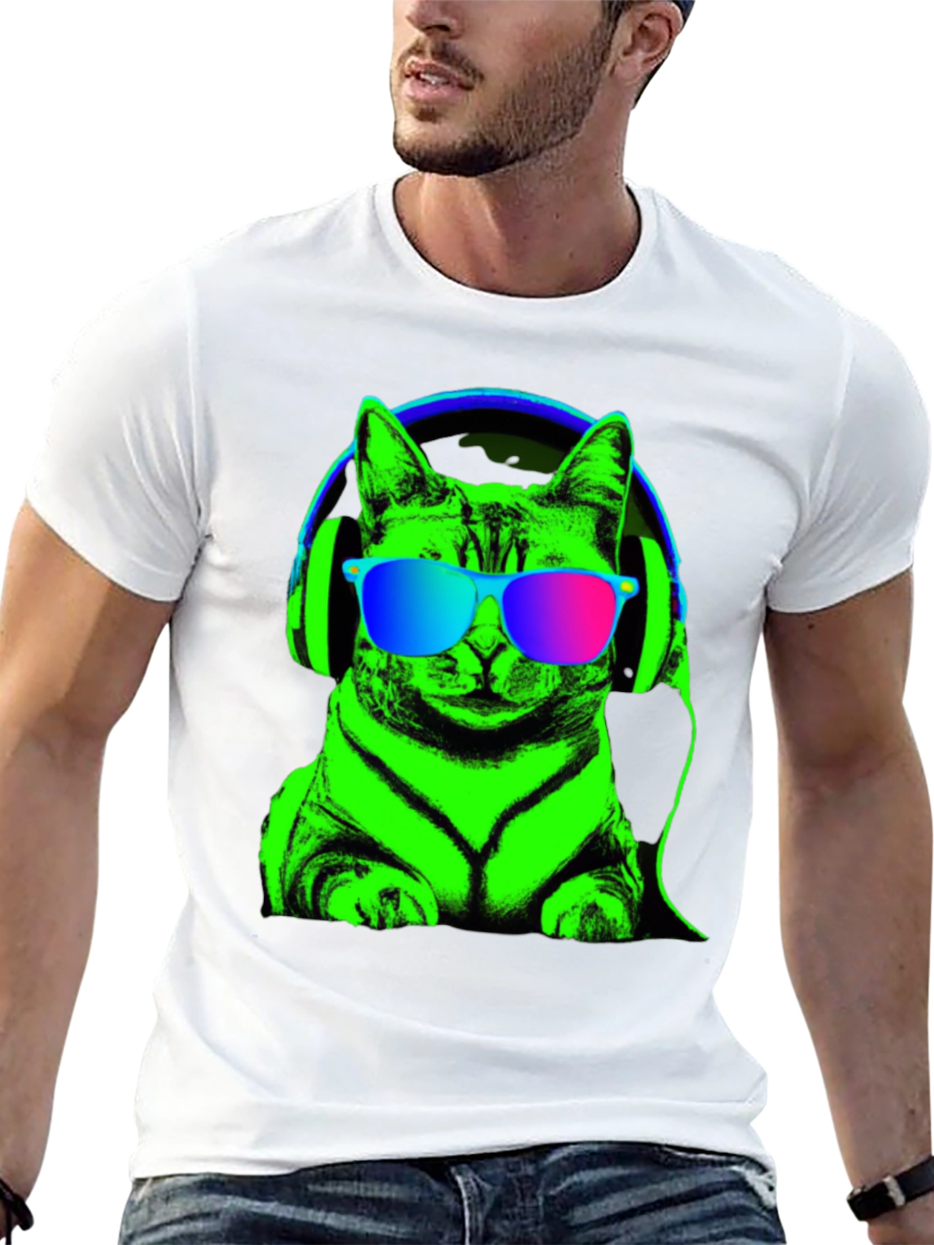 Black Cool Cat Tee: Neon Cat with Headphones T-Shirt view 13