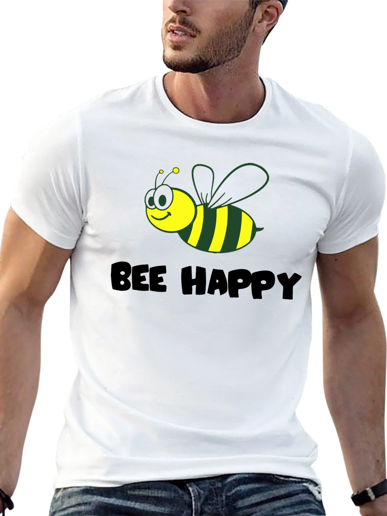 Black Bee Happy Graphic Tee - Black Cotton Comfort view 13