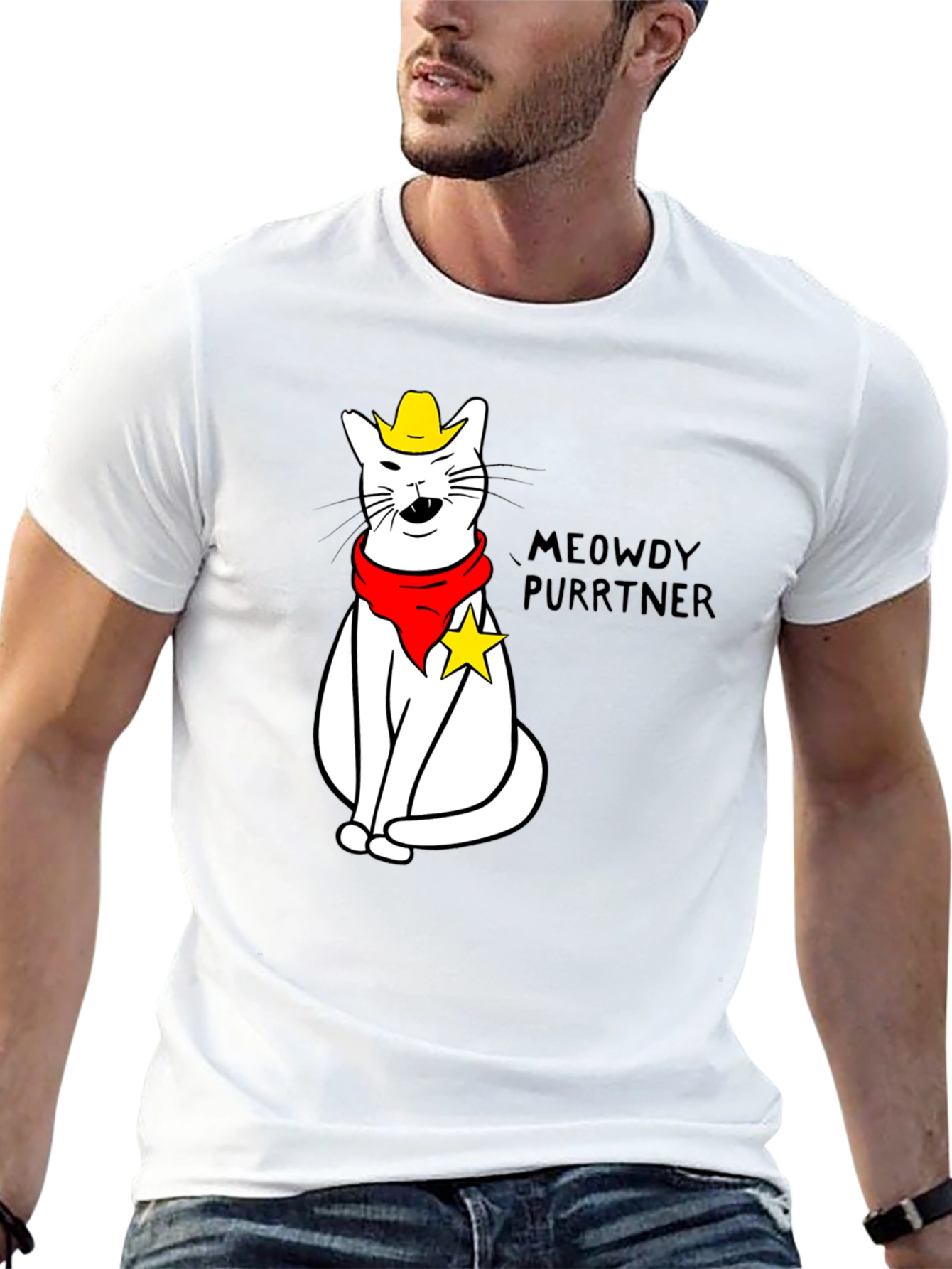 Black Meowdy Purrtner Cat Cowboy T-Shirt view 13