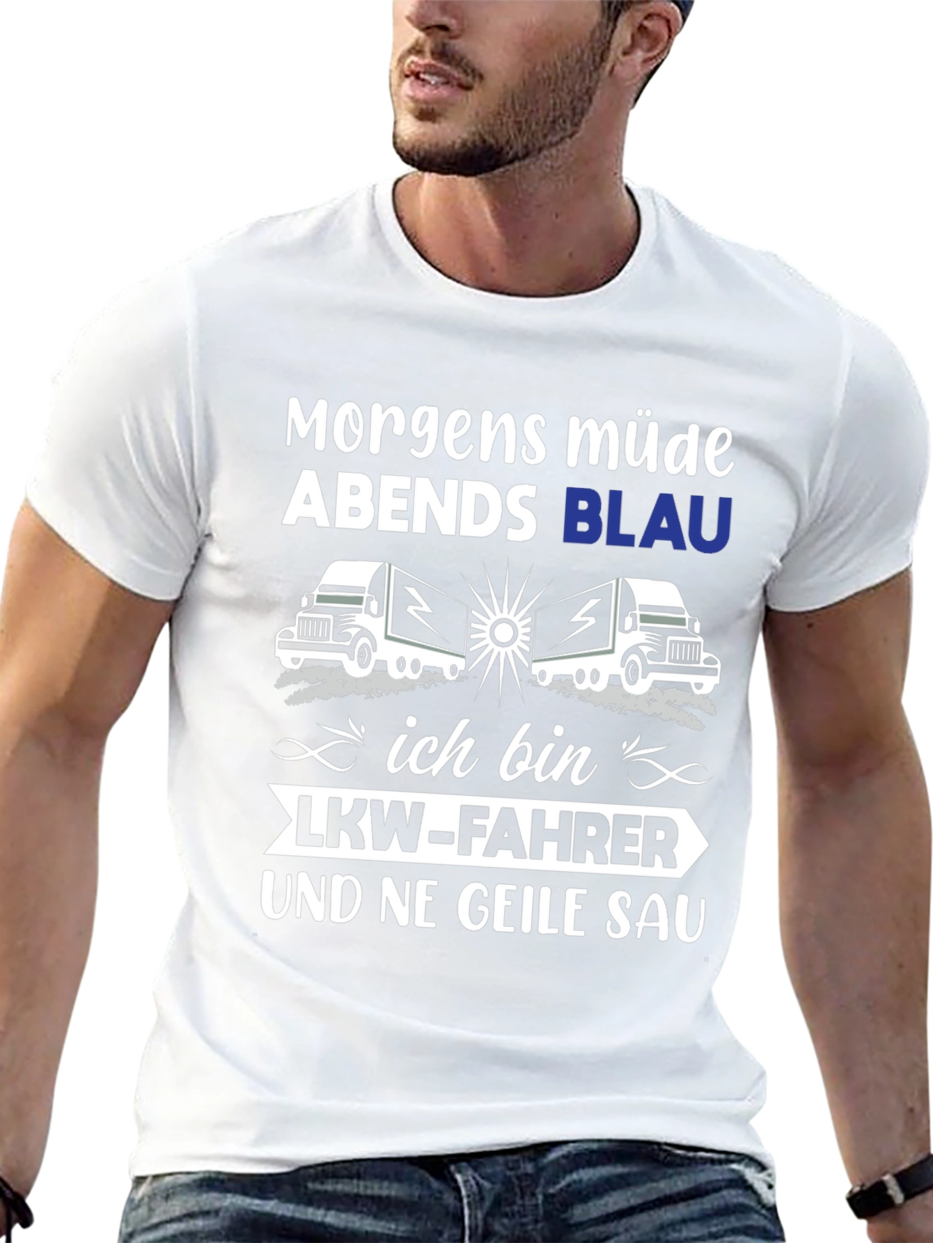 Black Trucker T-Shirt: Morgens Müde Abends Blau view 13