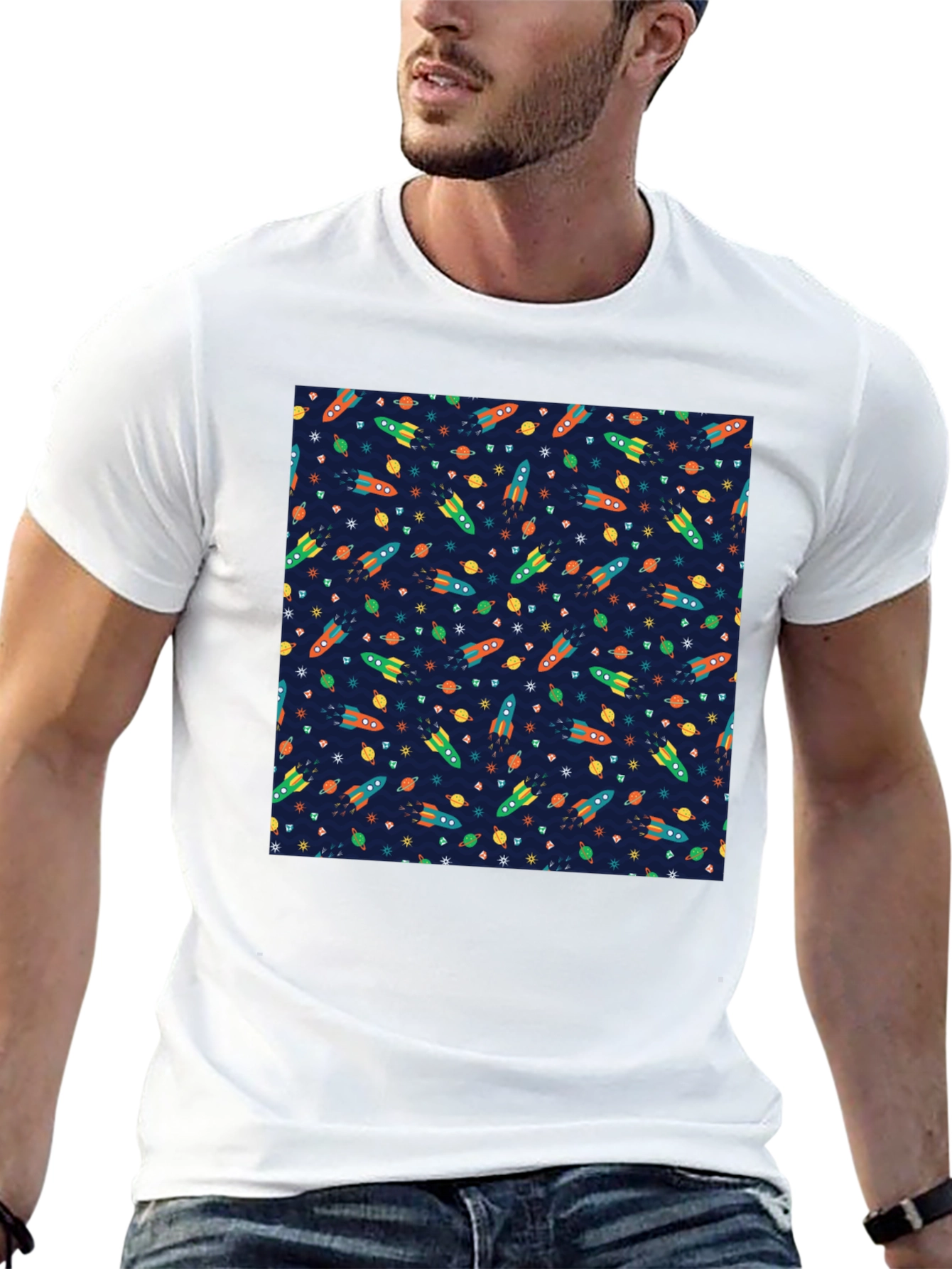 Black Space Rocket Pattern T-Shirt view 13