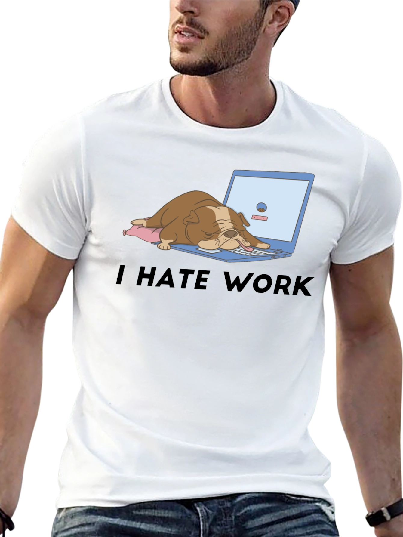 Black I Hate Work T-Shirt - Bulldog Laptop Graphic Tee view 13