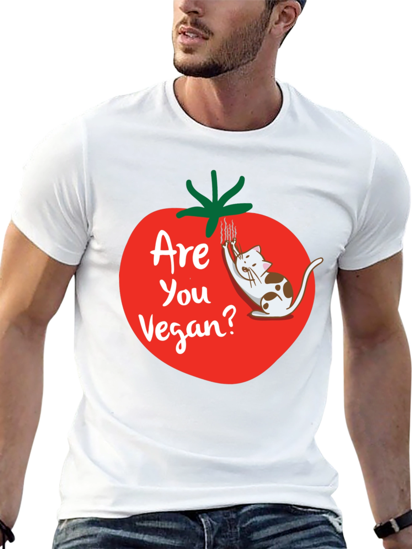 Black Funny Vegan T-Shirt - Cat and Tomato Design view 13