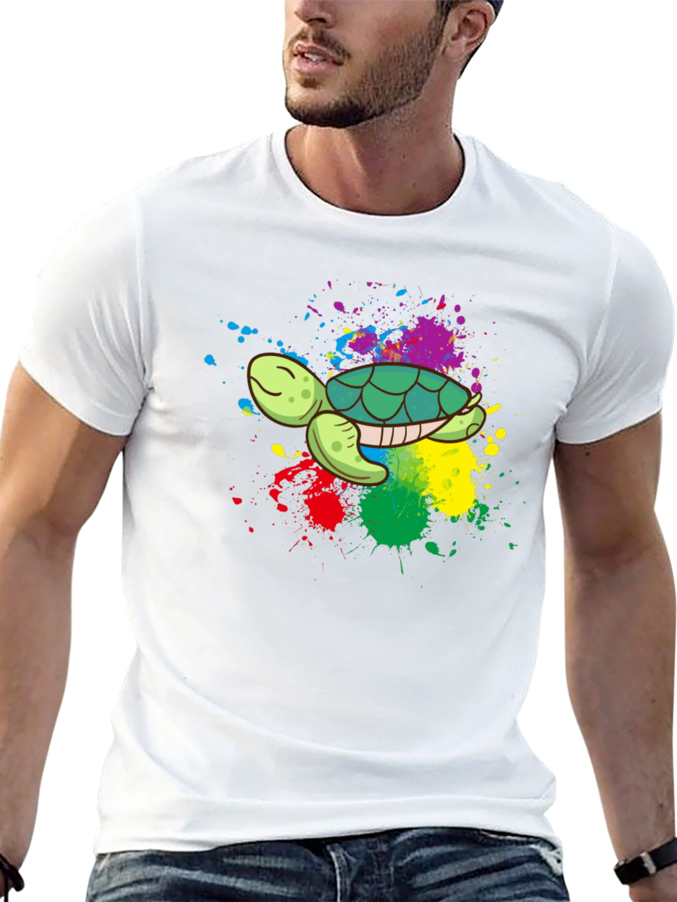 Black Colorful Turtle Graphic Tee - Black Cotton Blend view 13