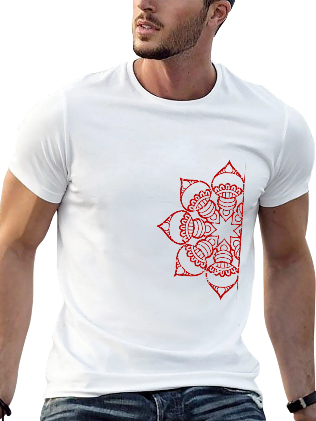 Black T-Shirt with Red Mandala Design - 13