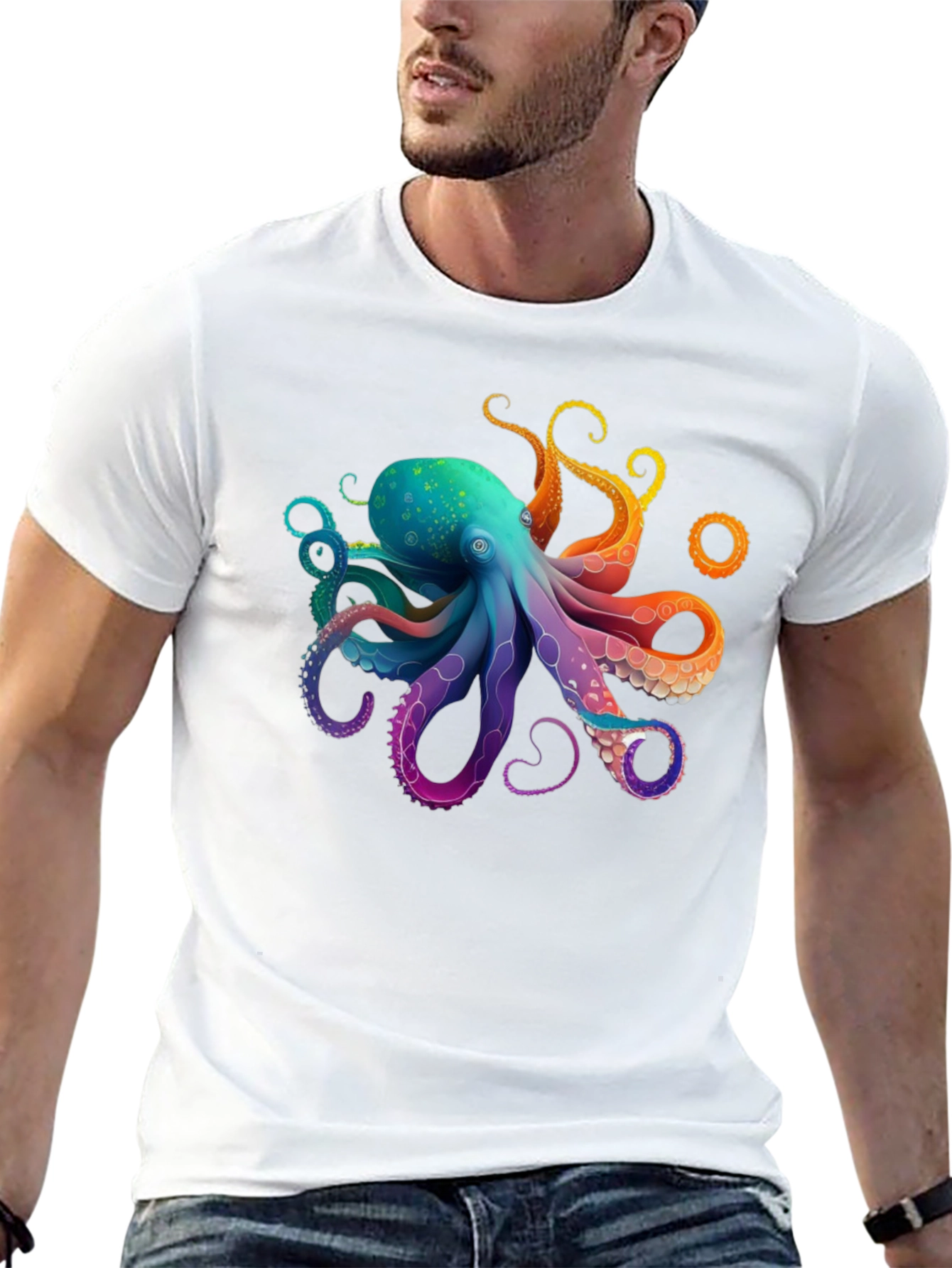 Black Rainbow Octopus Graphic T-Shirt - Black Cotton Blend view 13