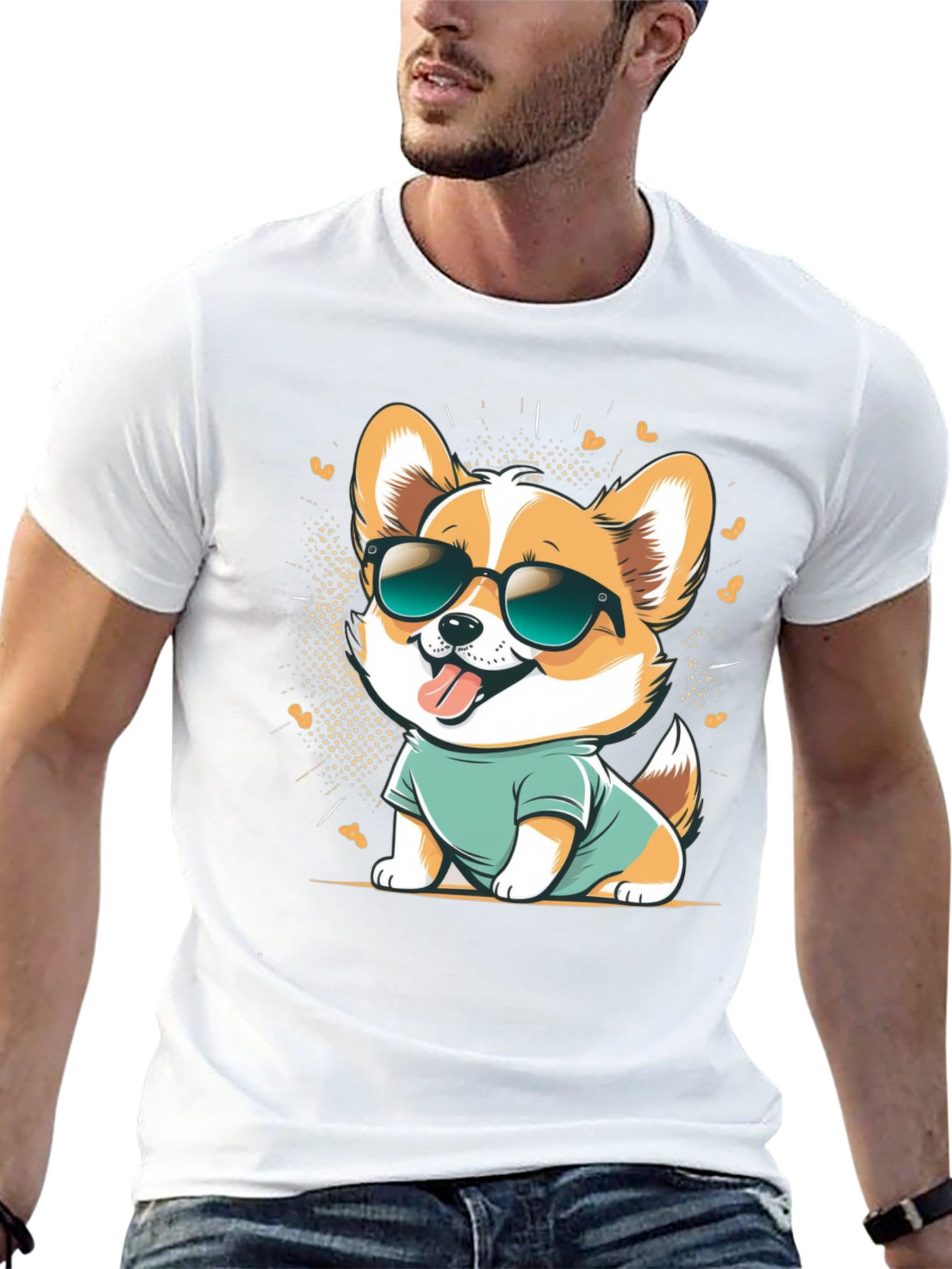 Black Cool Corgi Cartoon Graphic Tee - Black Cotton T-Shirt view 13
