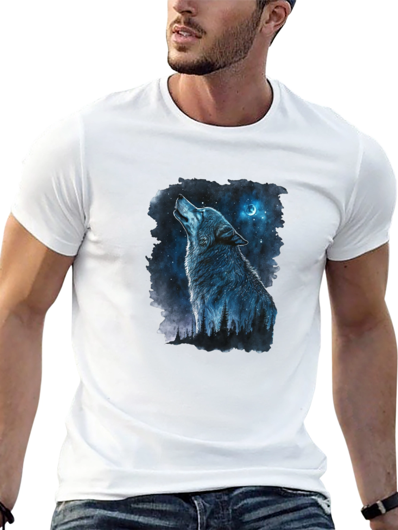 Black Wolf Howling at Moon Graphic Black T-Shirt view 13