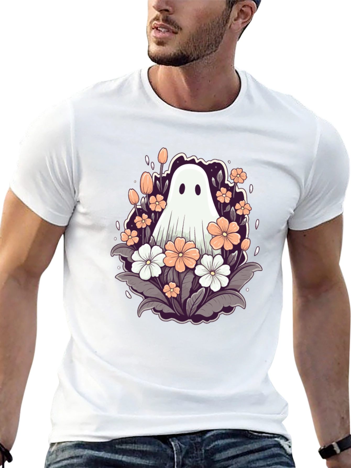 Black Floral Ghost Graphic Tee - Spooky Season Style view 13