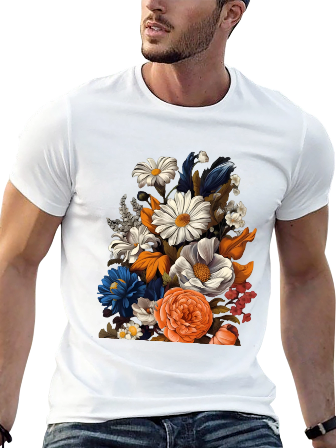 Black Floral Print Black T-Shirt for Men view 13