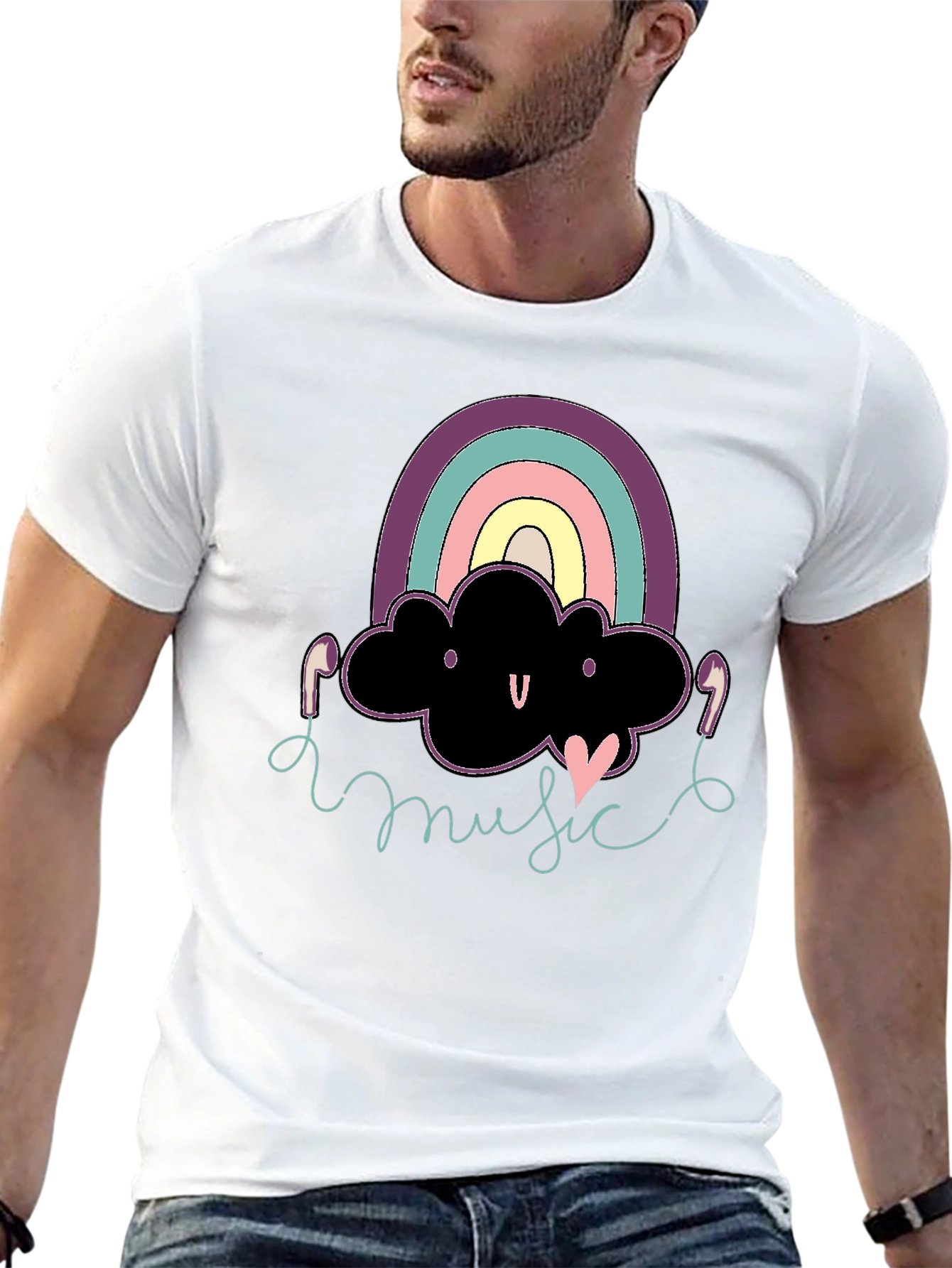Black Rainbow Cloud Music T-Shirt Cute Design Black Cotton view 13