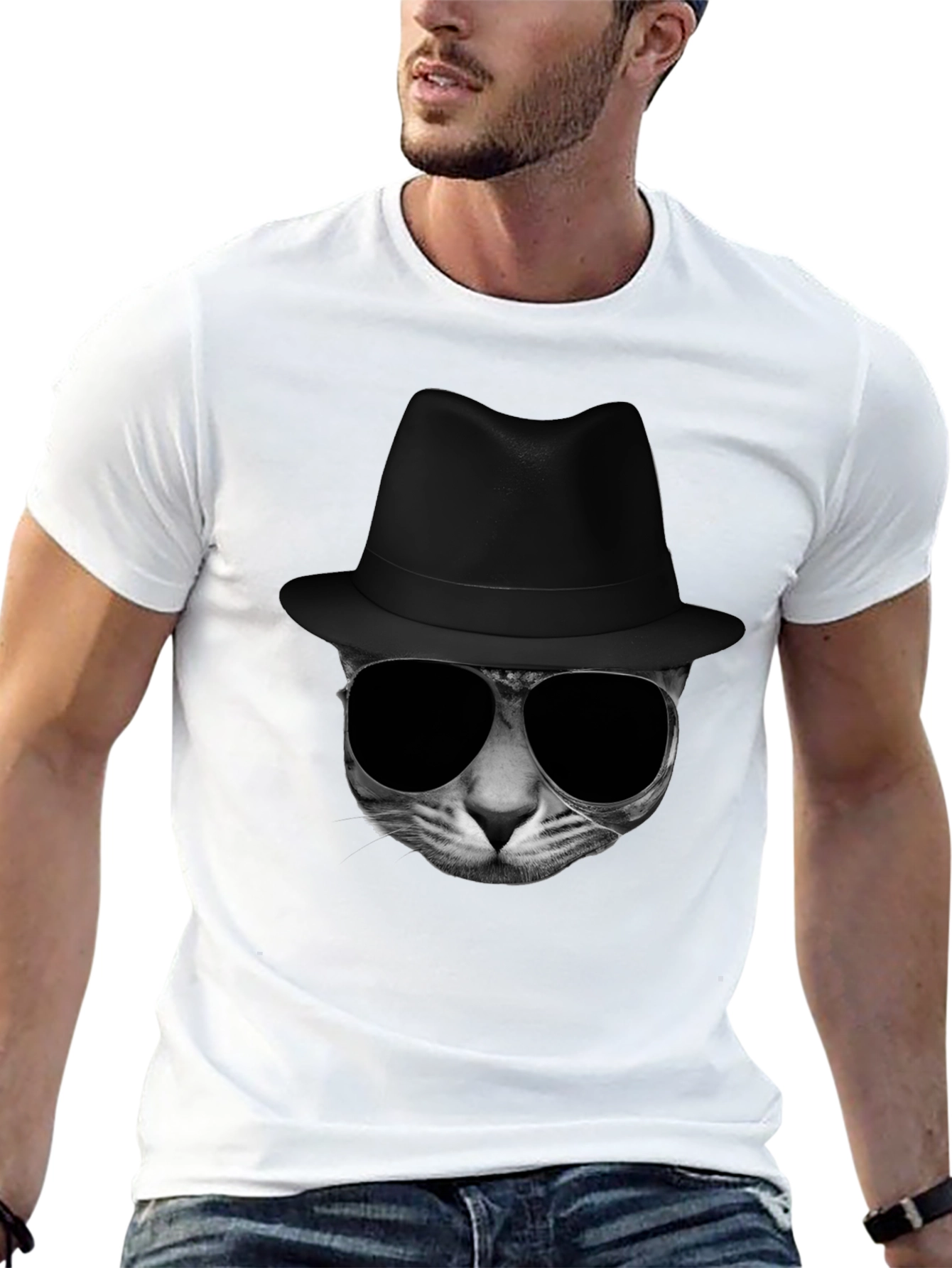Black Cool Cat in Hat Graphic Tee view 13