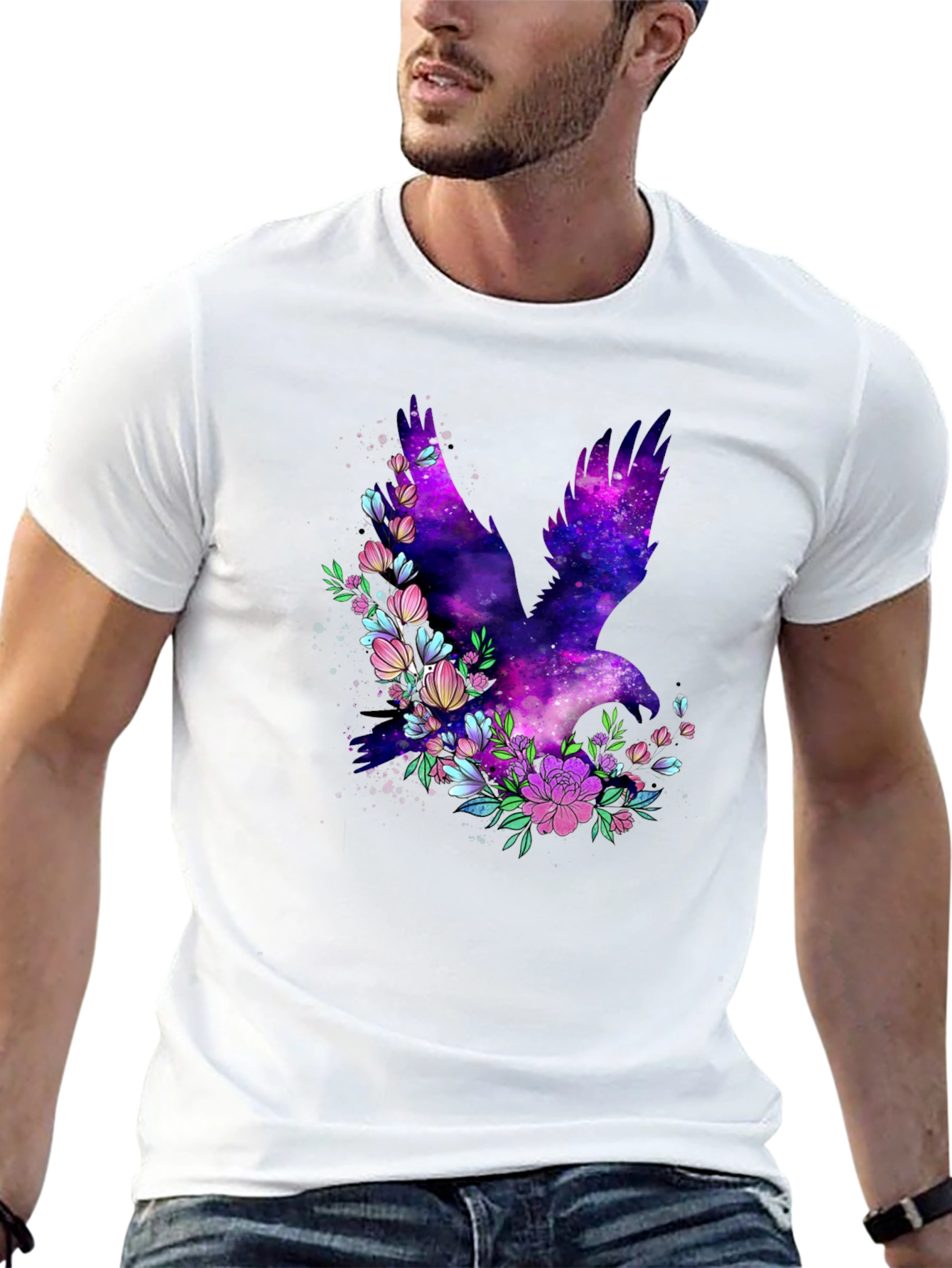 Black Galaxy Bird Floral Graphic T-Shirt view 13