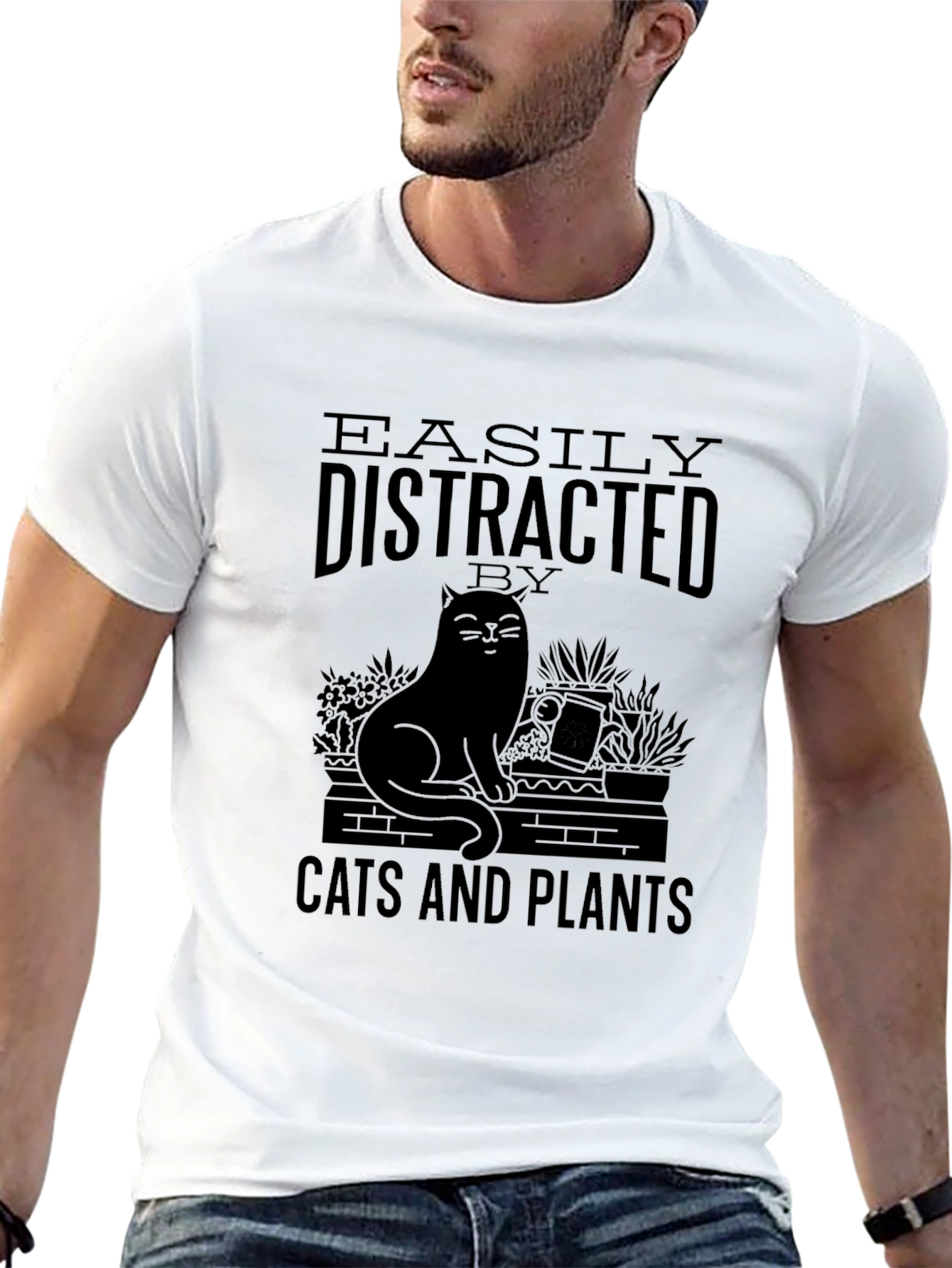 Black Easily Distracted By Cats and Plants T-Shirt view 13