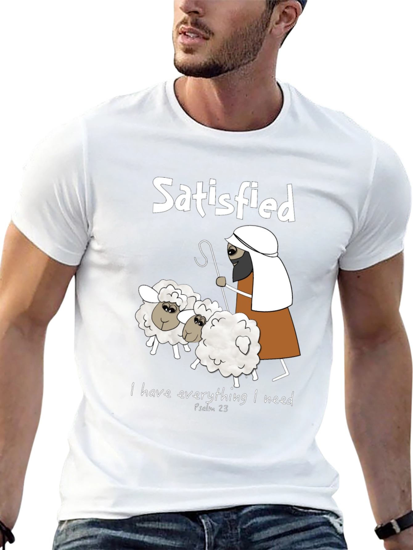 Black Satisfied Shepherd & Sheep T-Shirt, Psalm 23 view 13