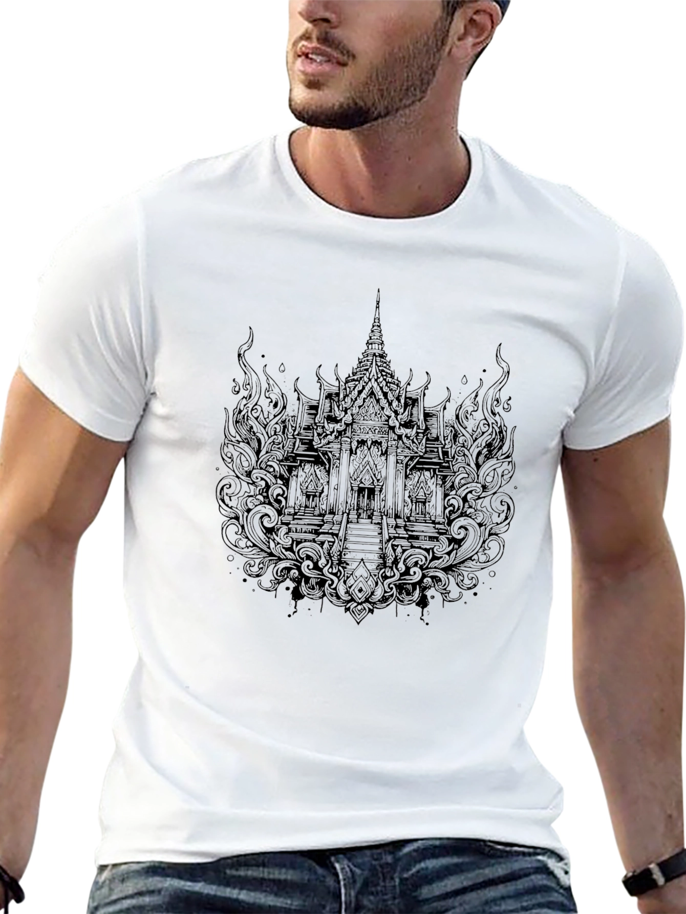 Black Men's Black Graphic Tee - Temple Design view 13