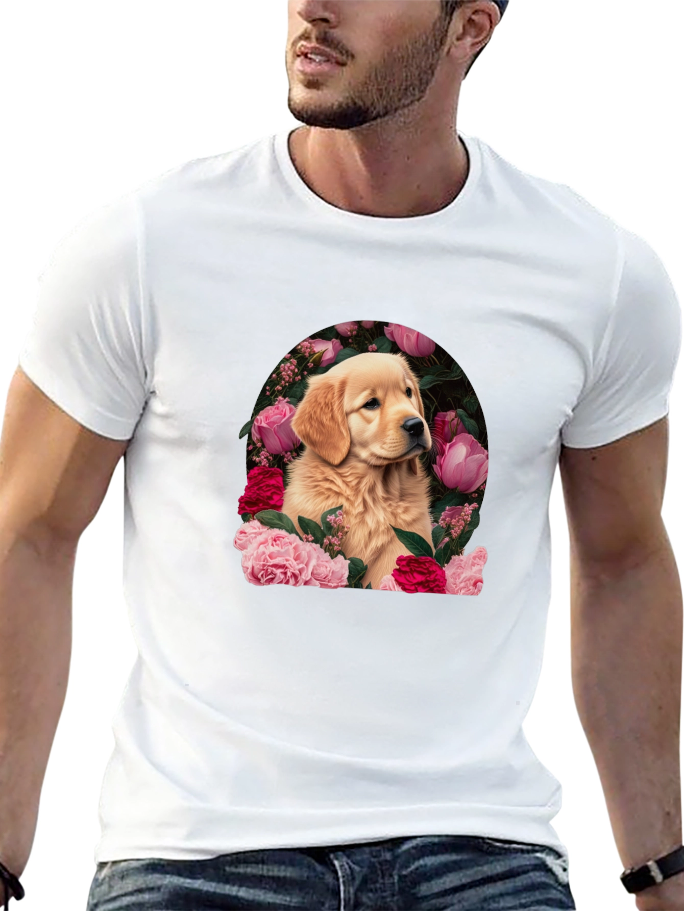 Black Golden Retriever & Floral Black T-Shirt view 13