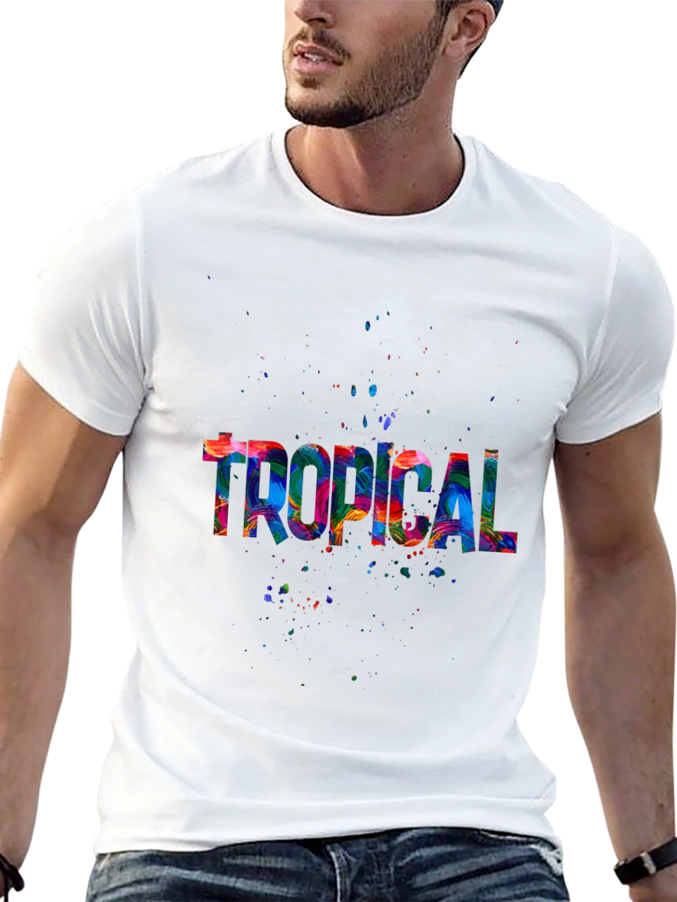 Black Tropical Splash Men's Black T-Shirt view 13
