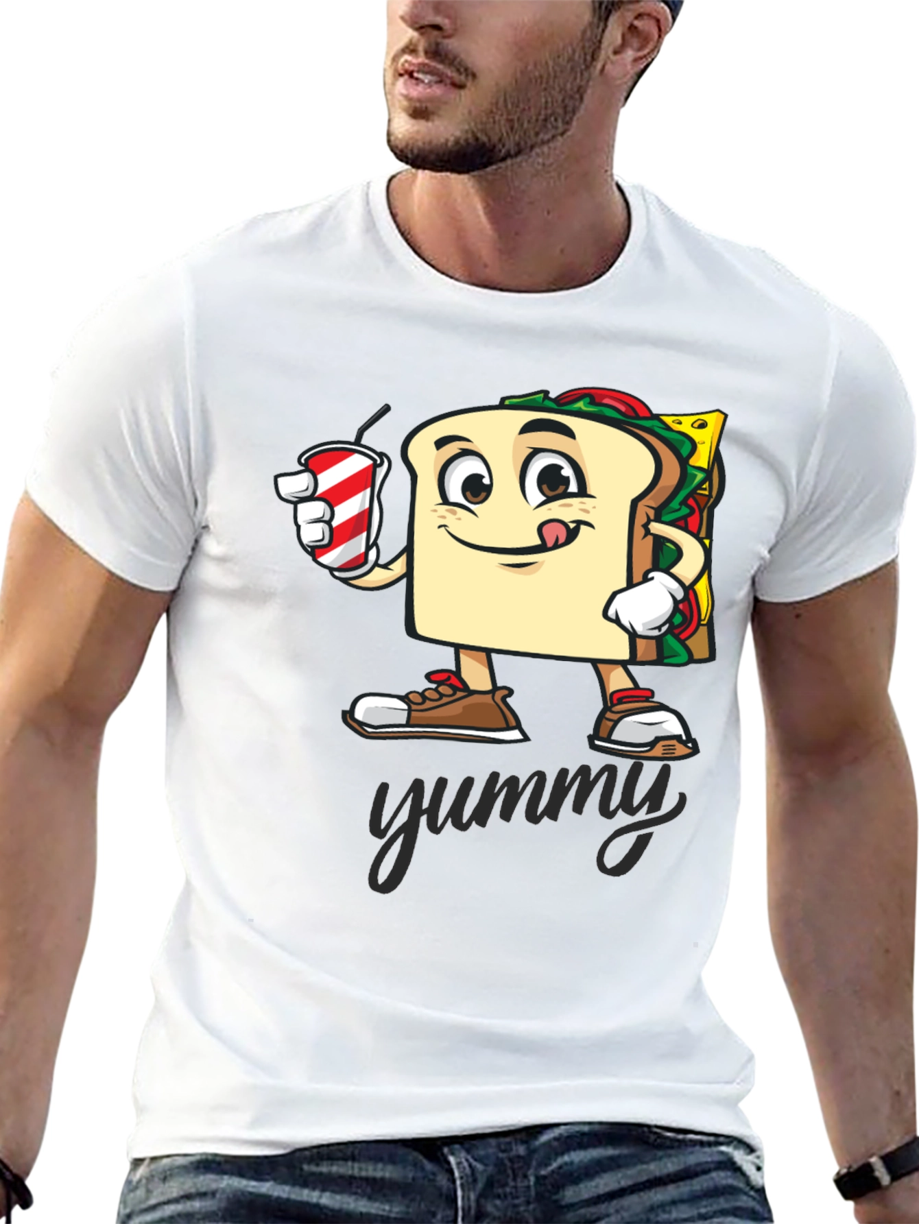 Black Sandwich Cartoon T-Shirt - "Yummy" Design view 13
