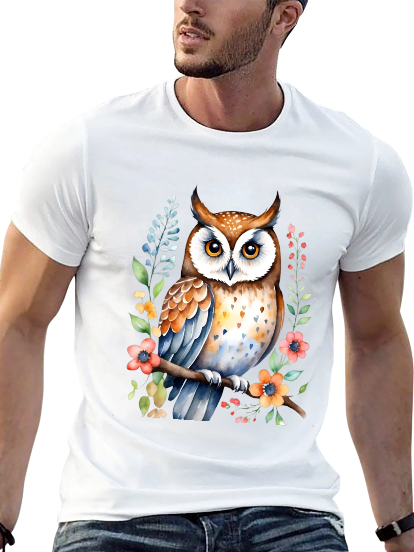 Black Owl Watercolor Graphic Tee - Unique Floral Design view 13