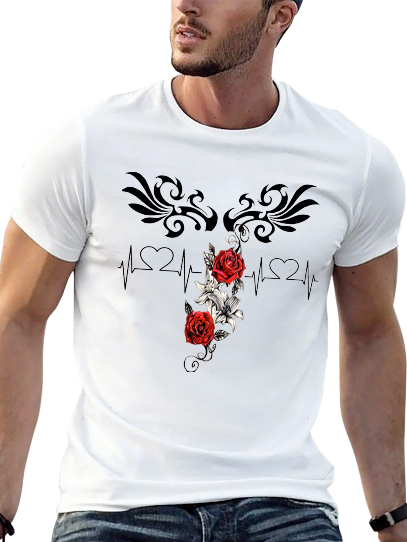 Black Floral Heartbeat T-Shirt - Stylish Graphic Tee view 13
