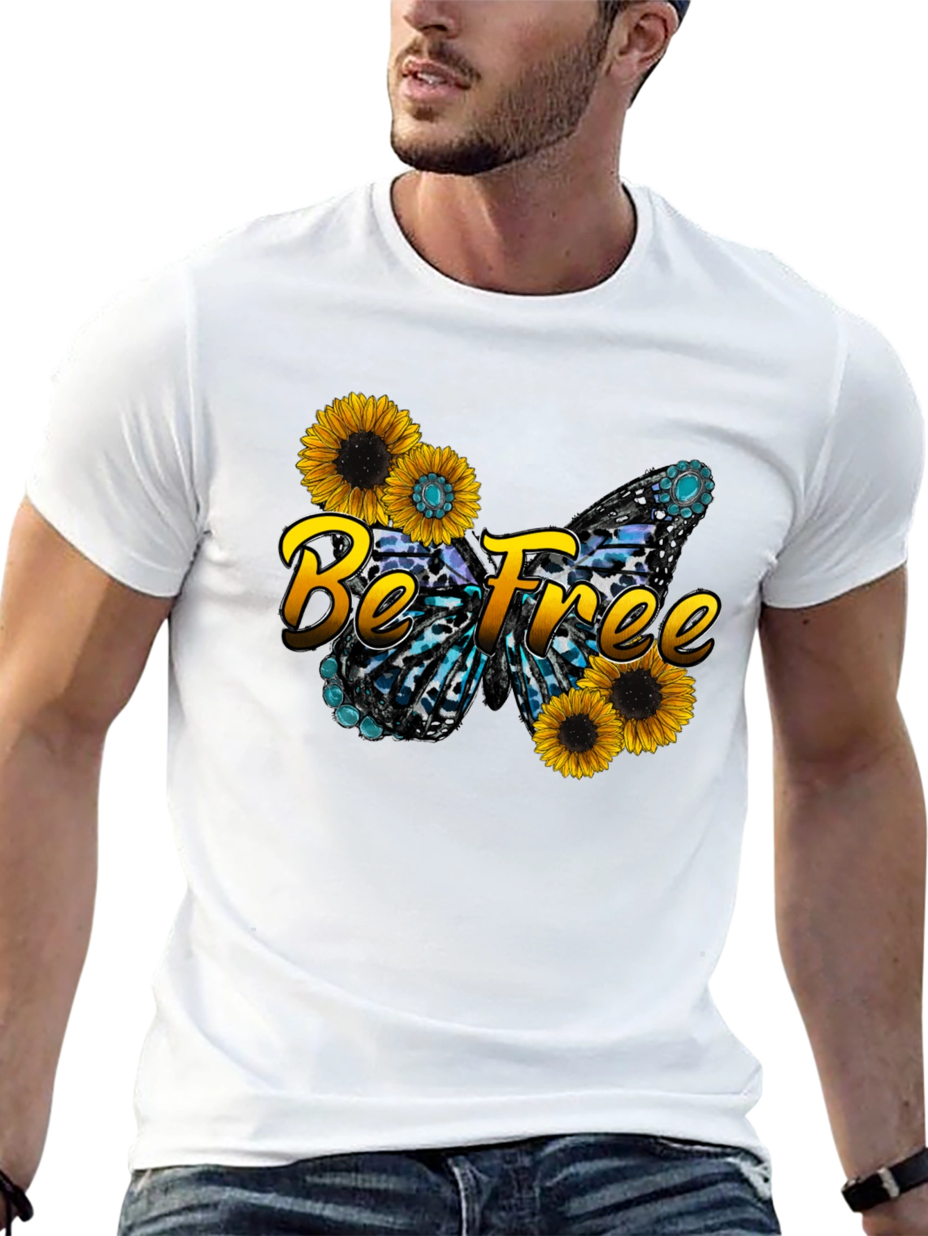 Black Be Free Sunflower Butterfly Graphic Black T-Shirt view 13