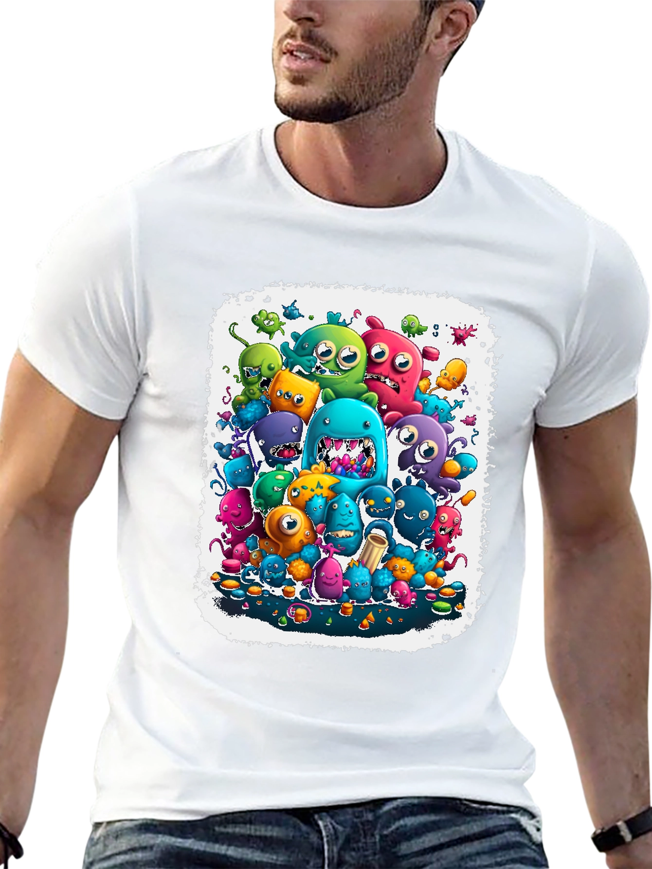 Black Monster Mash Tee: Colorful Cartoon Graphic Print view 13