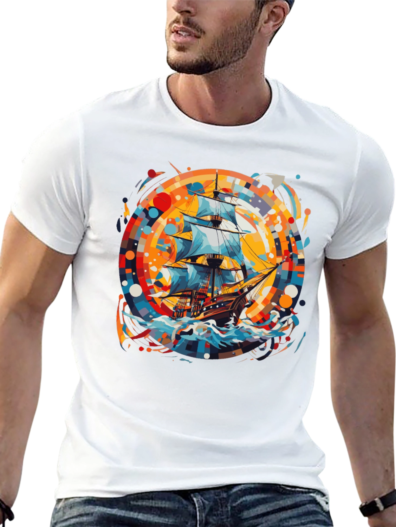 Black Nautical Adventure Tee: Ship Graphic Black Cotton Shirt view 13