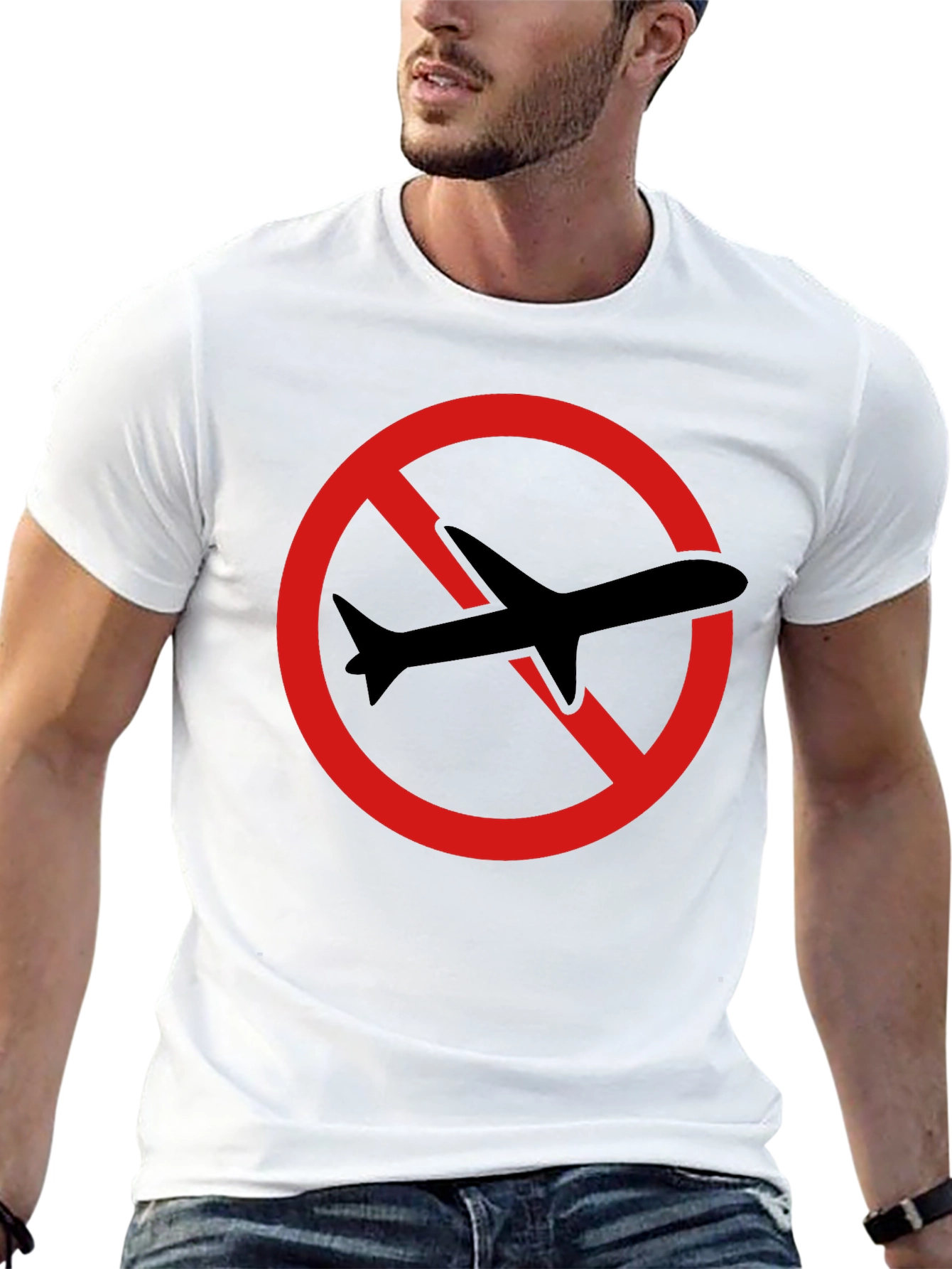Black No Flying T-Shirt - Black Cotton Tee with Airplane Graphic view 13