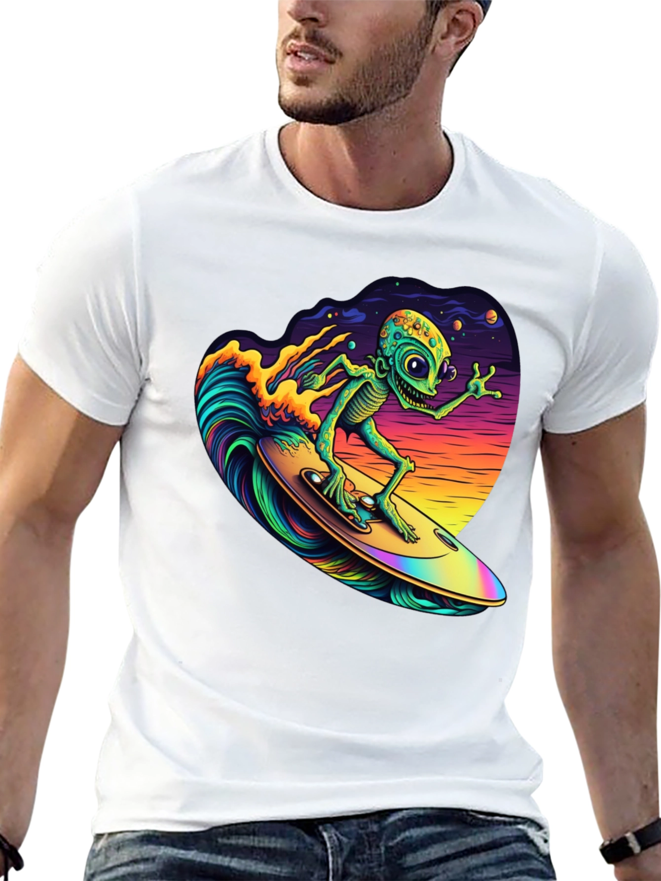 Black Surfing Alien T-Shirt - Black Cotton Tee view 13