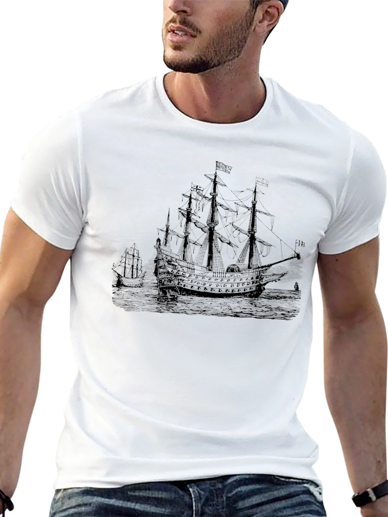 Black Vintage Ship Graphic Black T-Shirt view 13