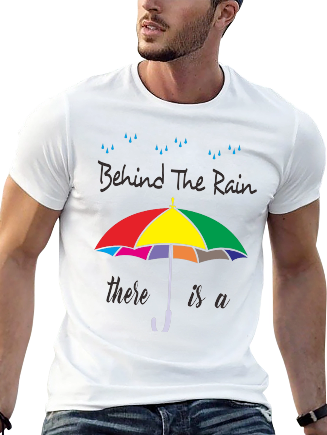 Black Behind The Rain T-Shirt - Colorful Umbrella Graphic Tee view 13