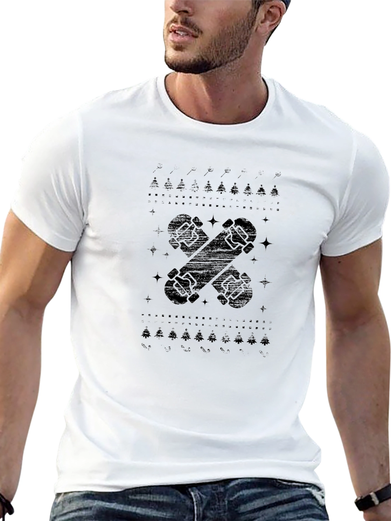 Black Skateboards Christmas Trees Pattern Men's Black T-Shirt view 13