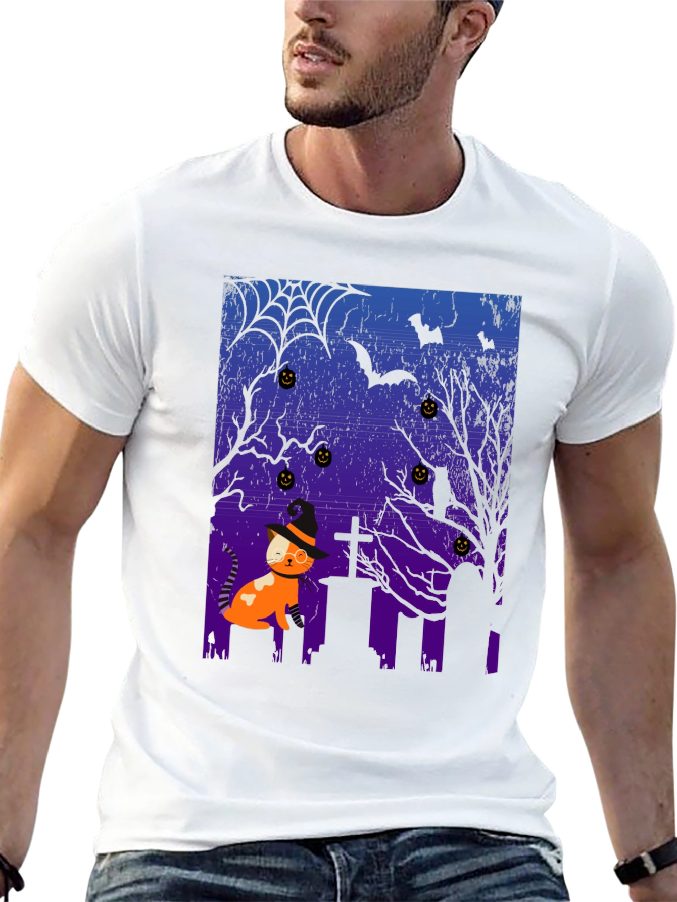 Black Halloween Cat T-Shirt - Spooky Graveyard Design view 13