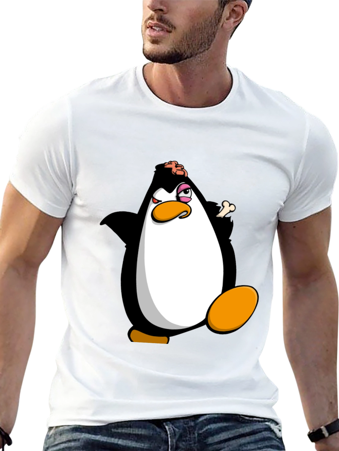 Black Funny Penguin Cartoon Graphic Print Black T-Shirt view 13