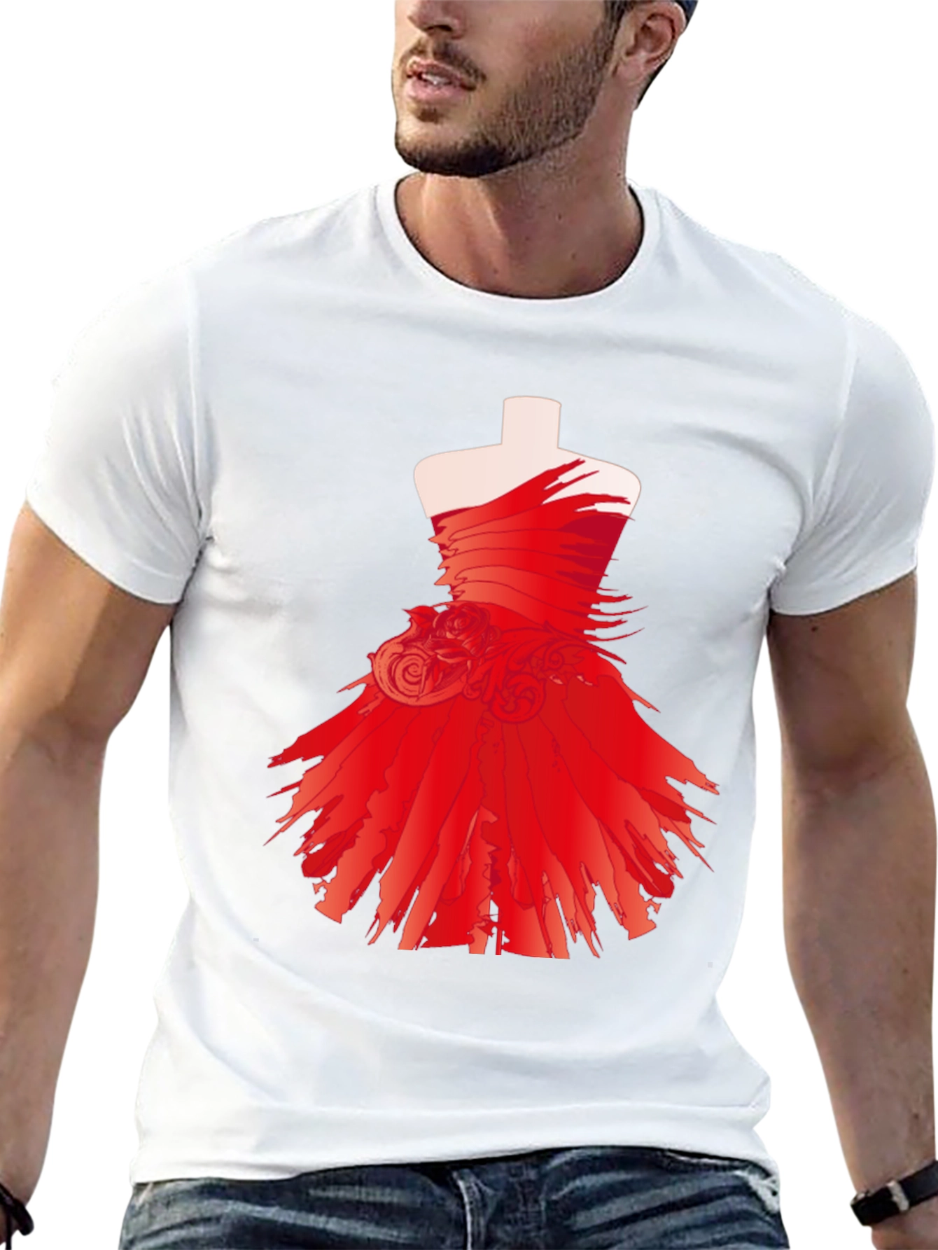 Black Statement Black Tee with Red Dress Design view 13