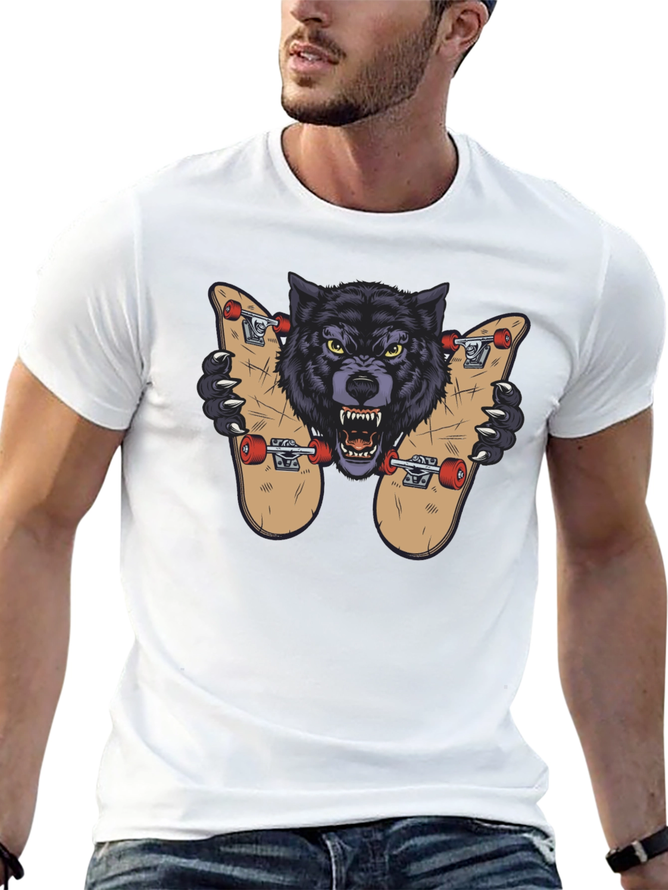 Black Wolf Skateboard Graphic Tee - Cool Streetwear Design view 13