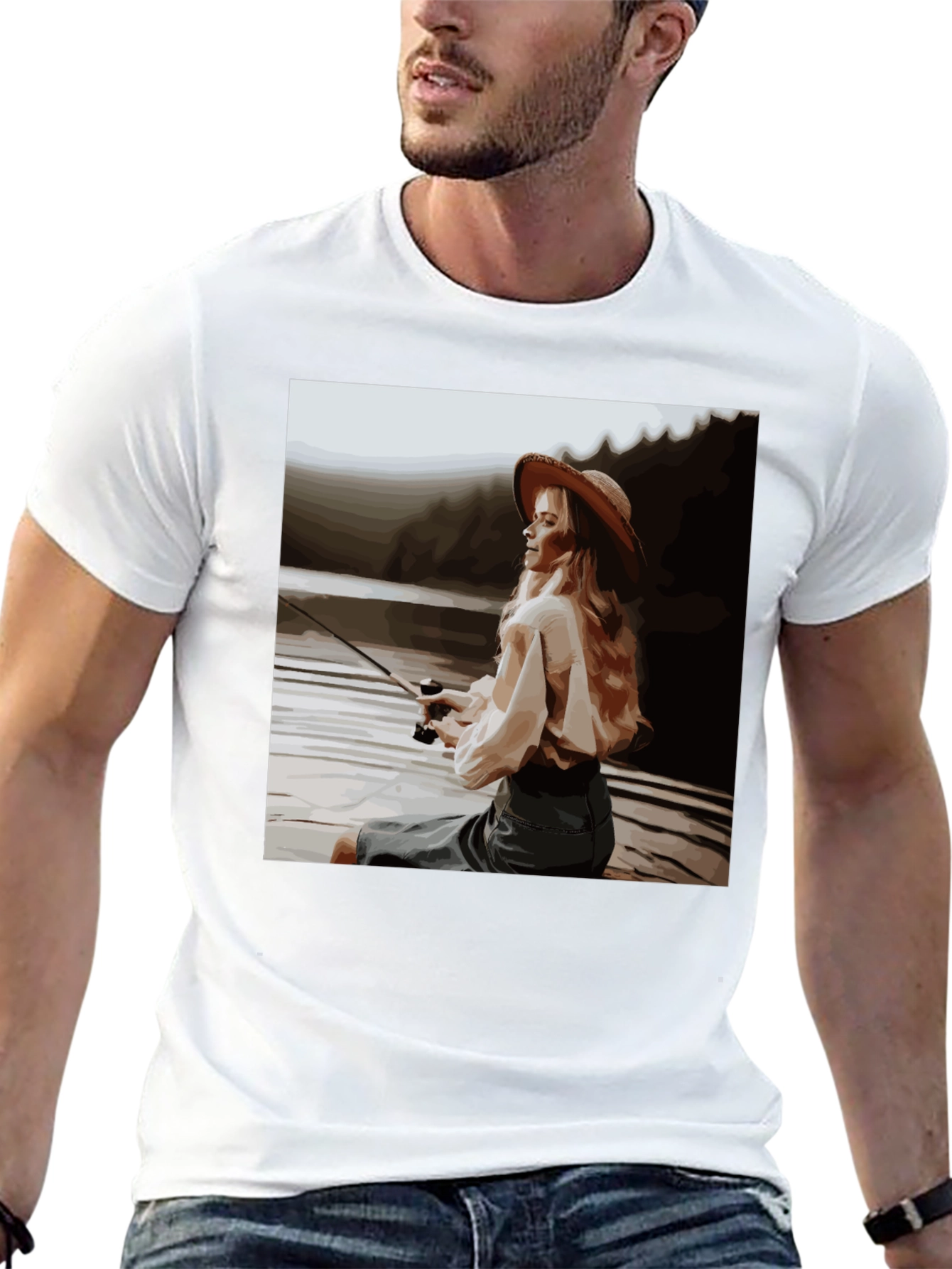 Black Woman Fishing Graphic Tee - Black Cotton T-Shirt view 13