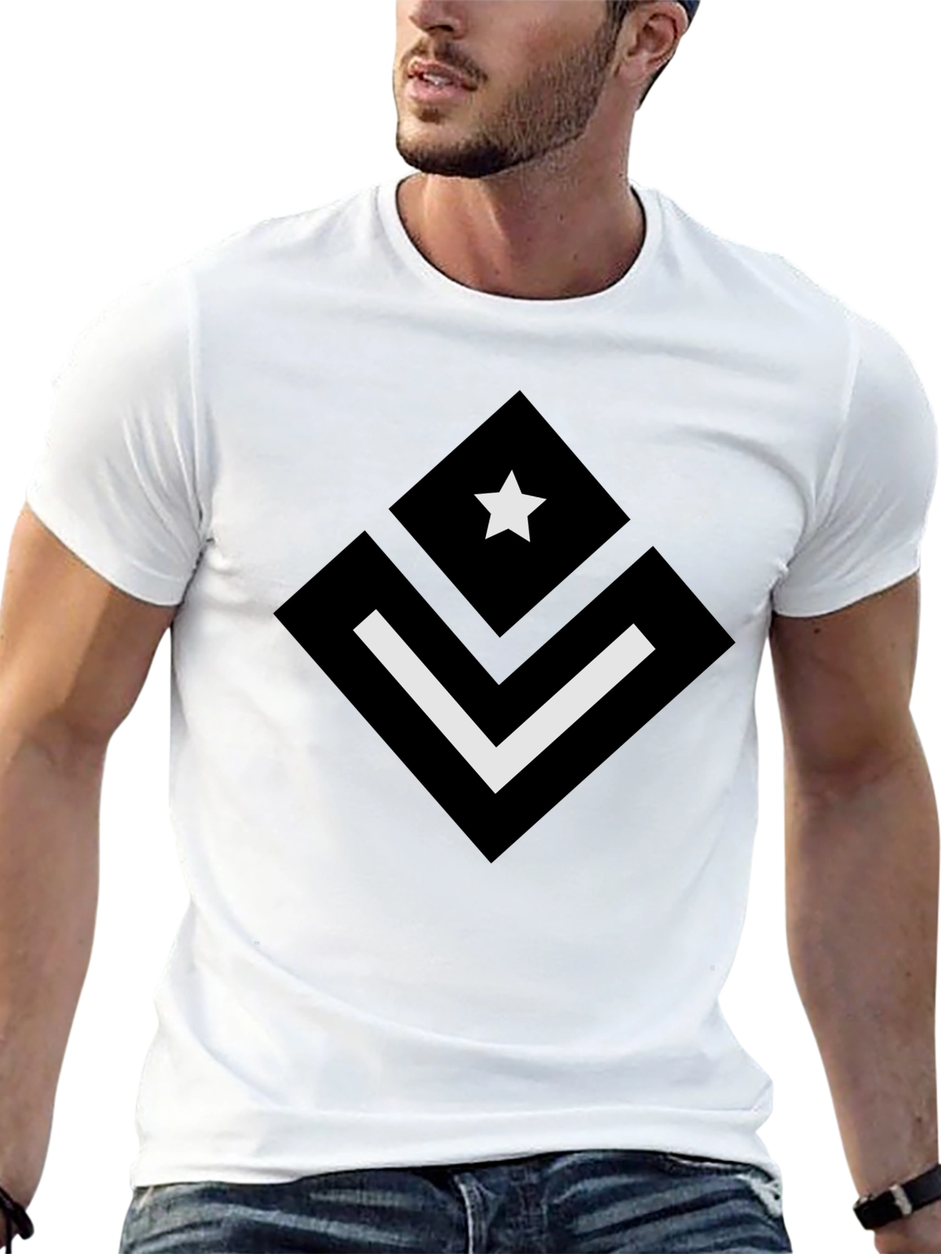 Black Modern Graphic Black T-Shirt - Star & Chevron Design view 13