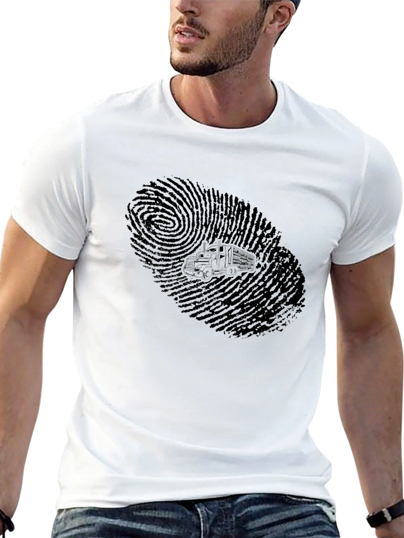 Black Trucker Fingerprint Graphic Tee - Black Cotton T-Shirt view 13