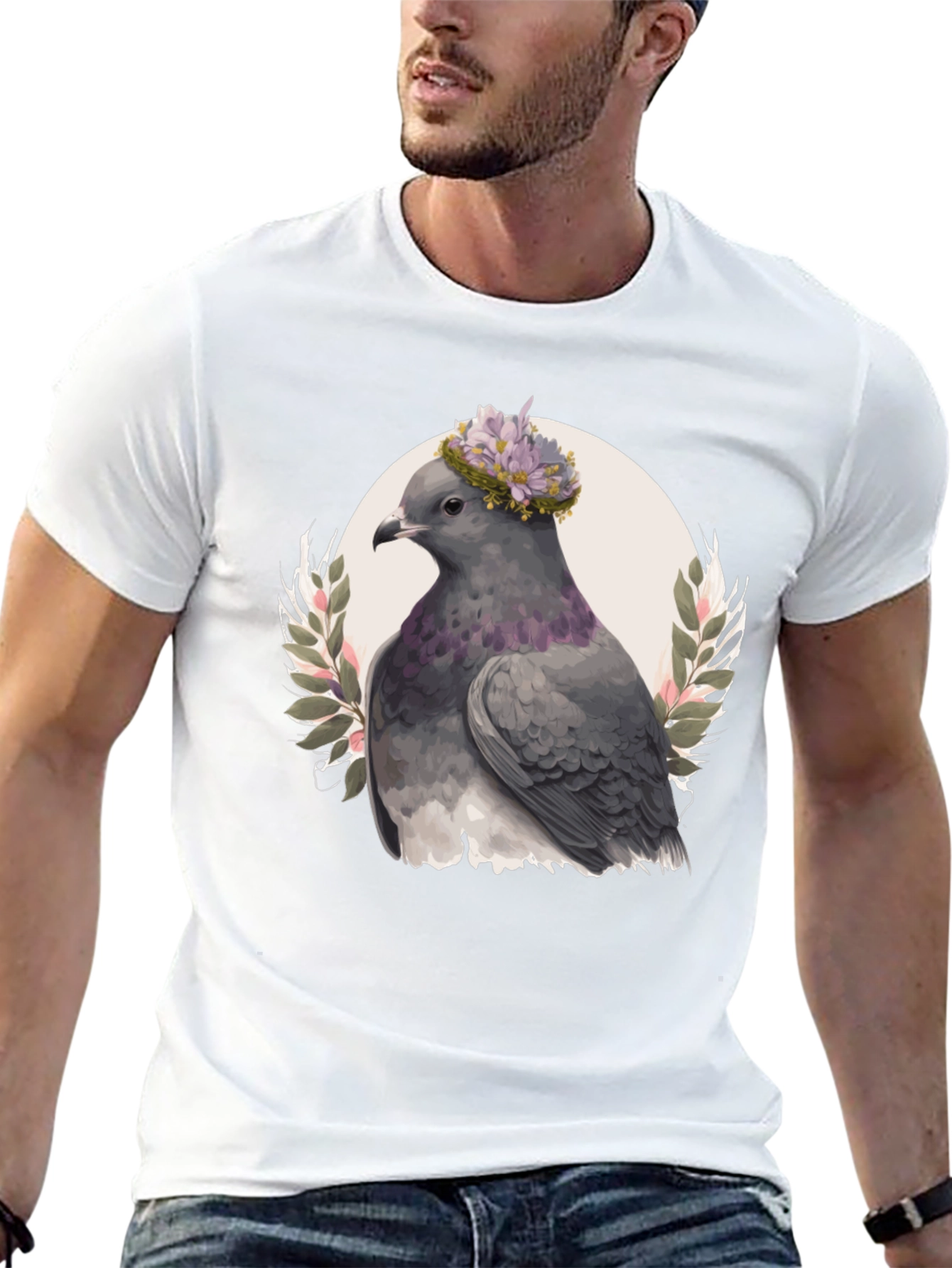 Black Pigeon with Floral Crown Graphic Tee view 13