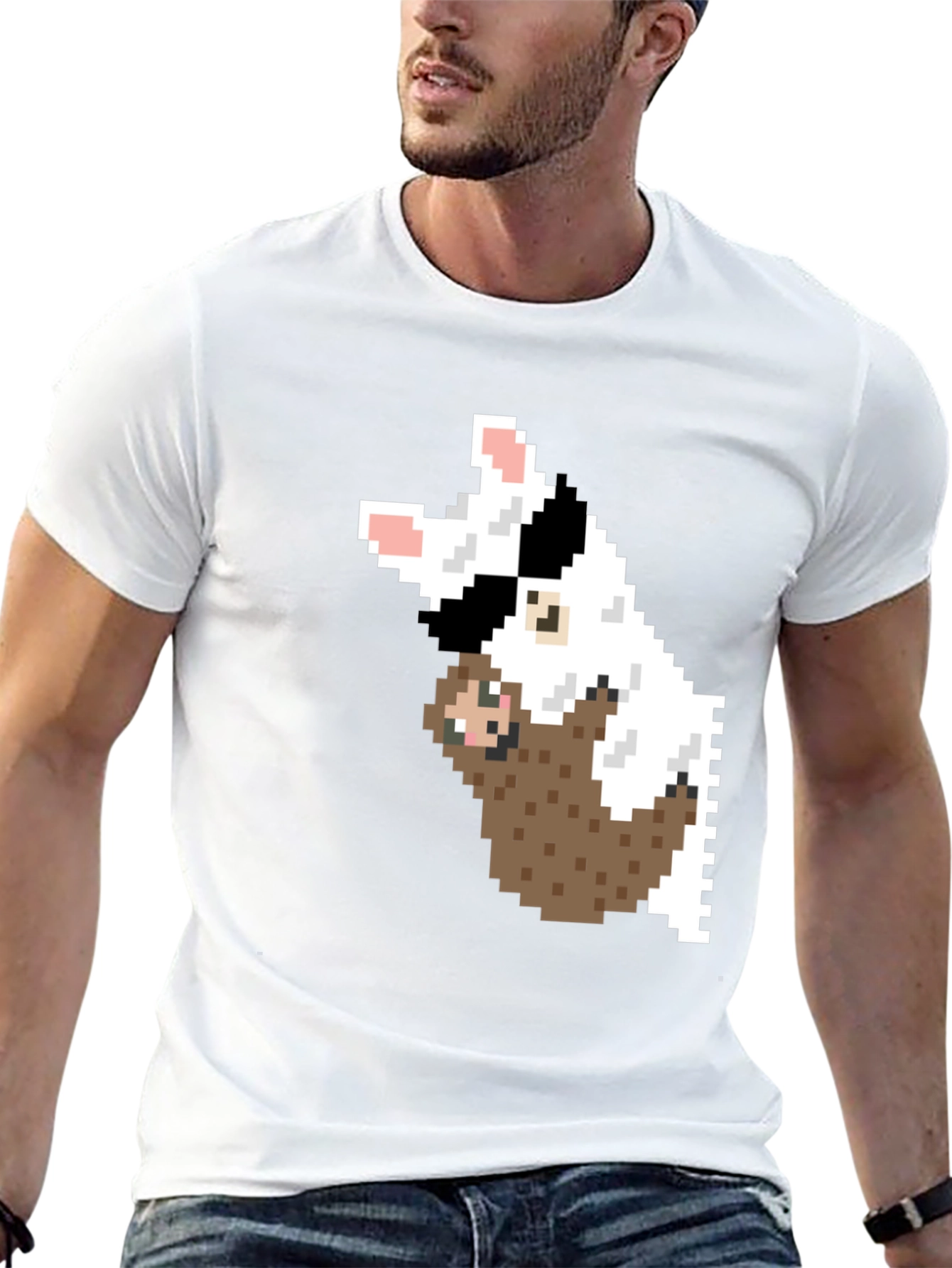 Black Pixel Art Sloth & Dog Graphic T-Shirt view 13