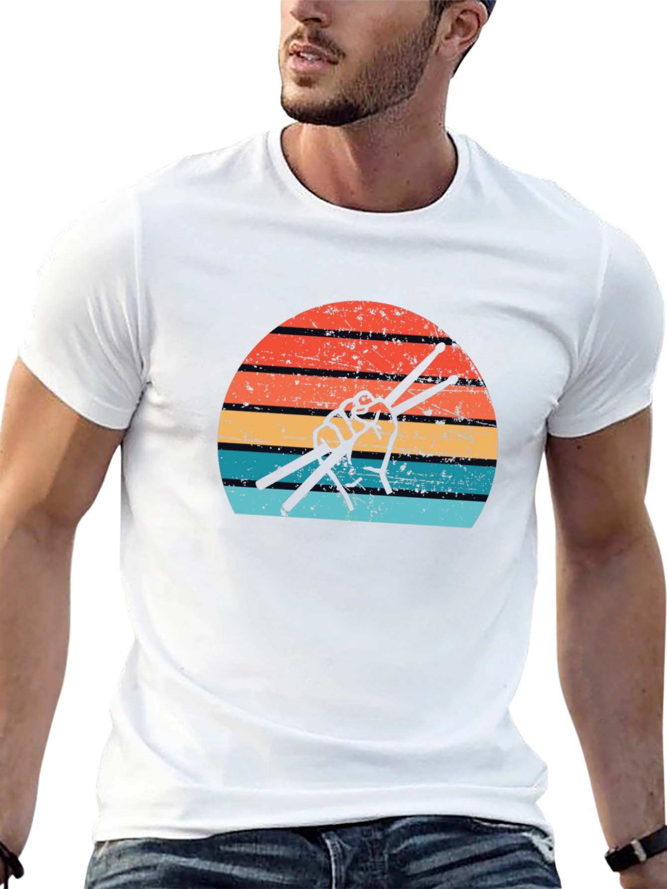 Black Retro Drummer T-Shirt - Vintage Drum Sticks Sunset Design view 13