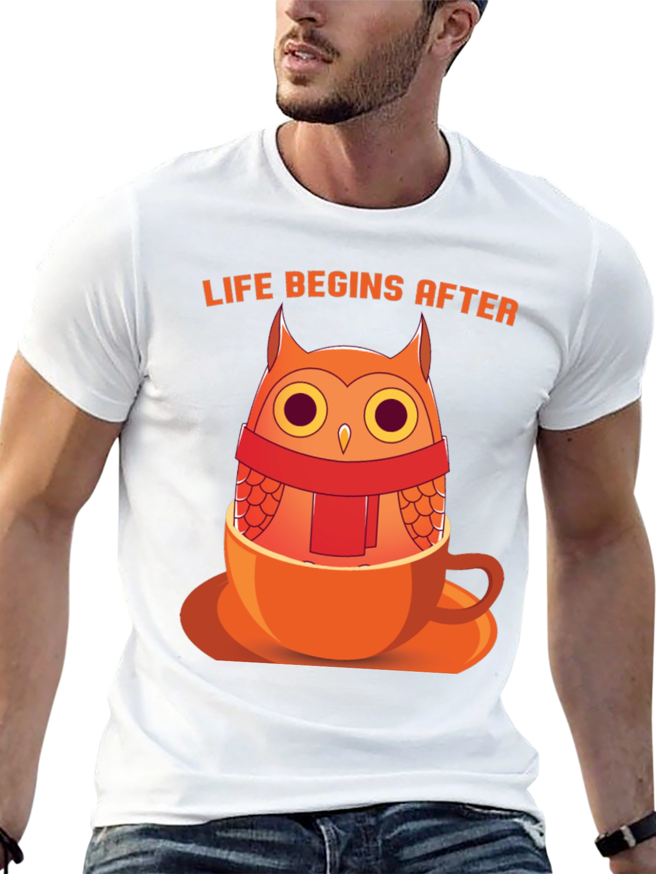 Black Owl in a Cup T-Shirt - "Life Begins After" Design view 13