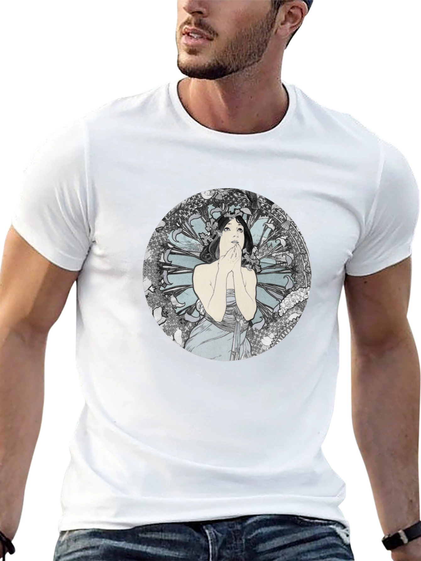 Black Art Nouveau Lady Graphic Black T-Shirt view 13