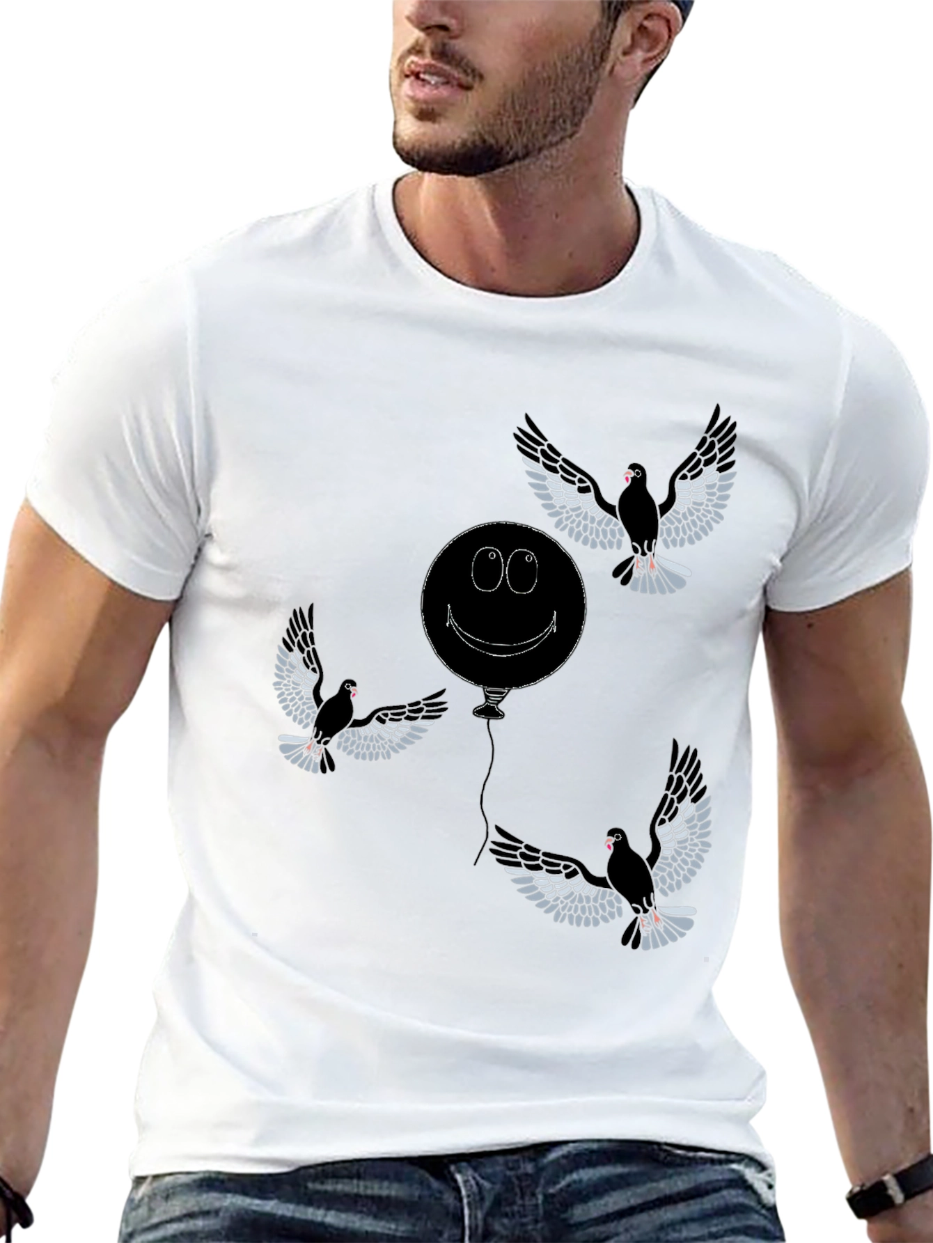 Black Whimsical Bird & Balloon Graphic T-Shirt - Black view 13