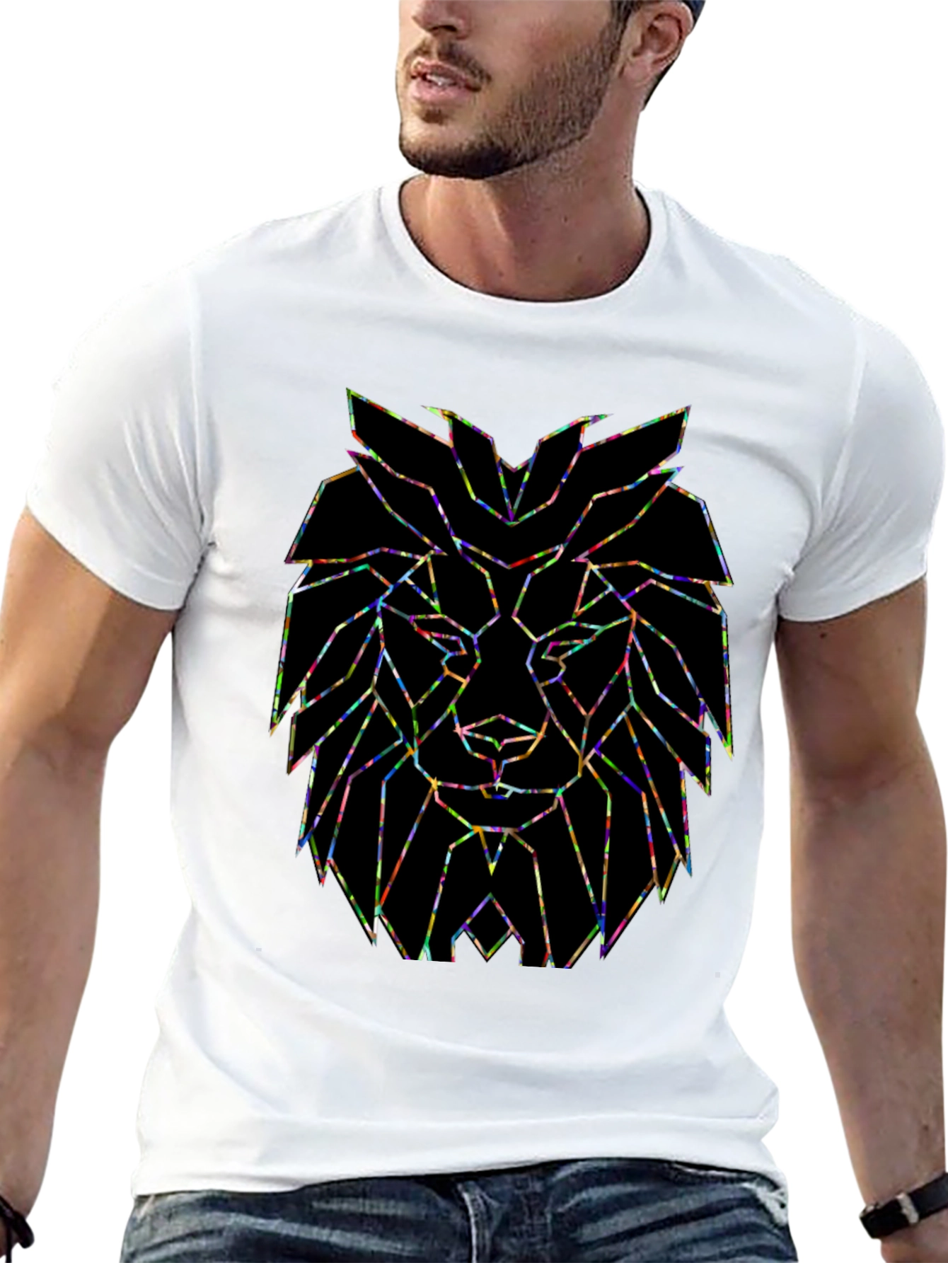 Black Geometric Lion Head Graphic Tee - Modern Art Design view 13